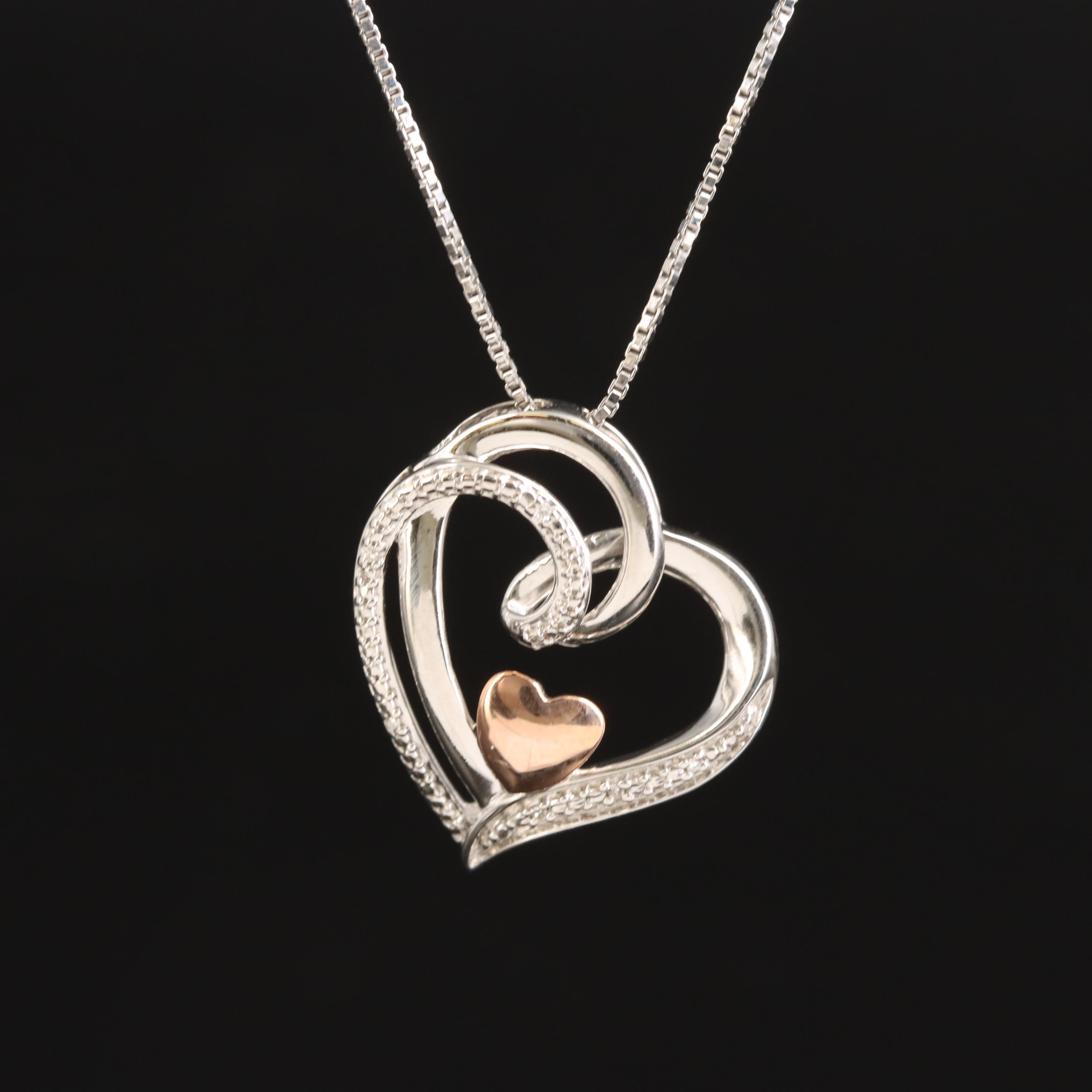 Sterling Diamond Heart Necklace with 10K Rose Gold Accent