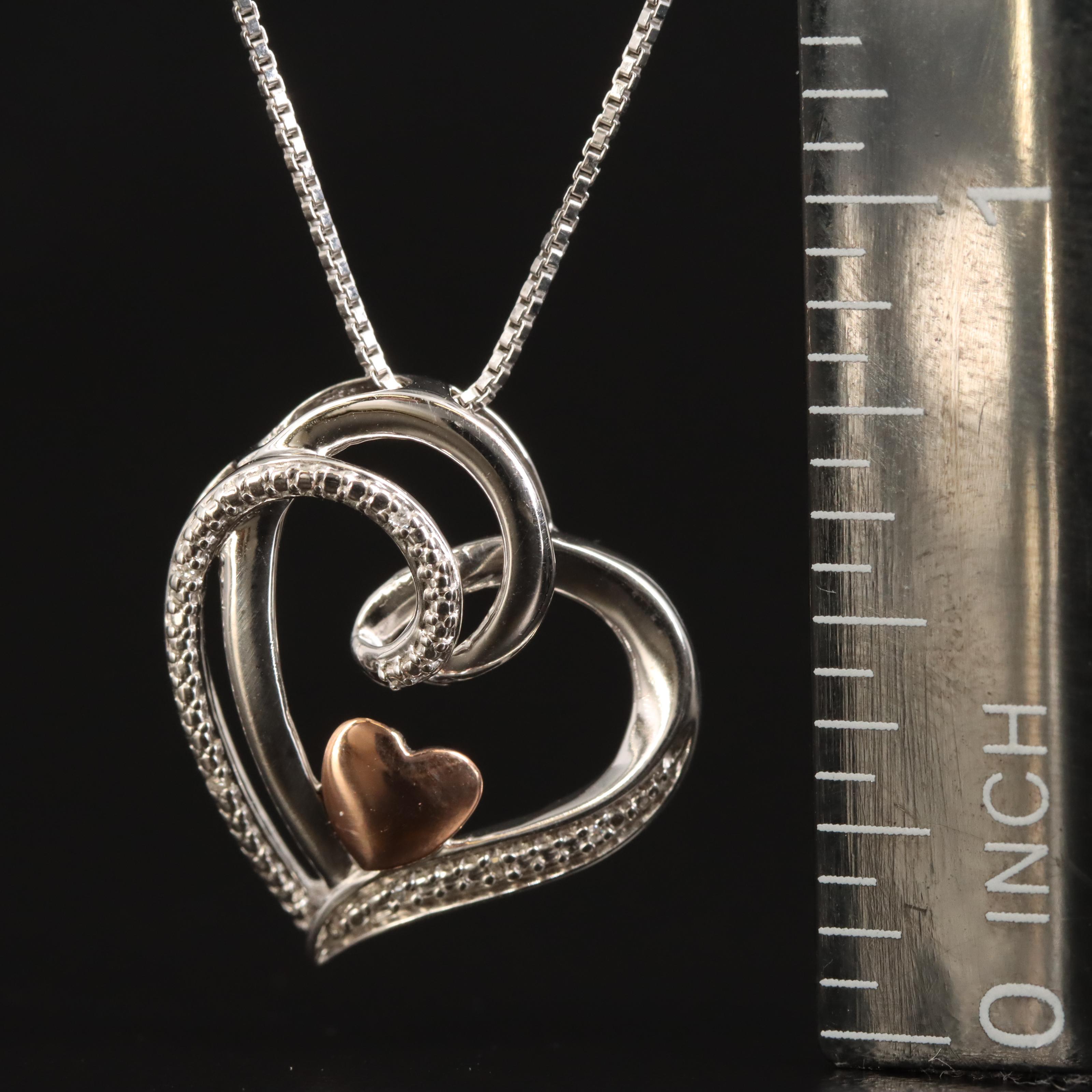 Sterling Diamond Heart Necklace with 10K Rose Gold Accent