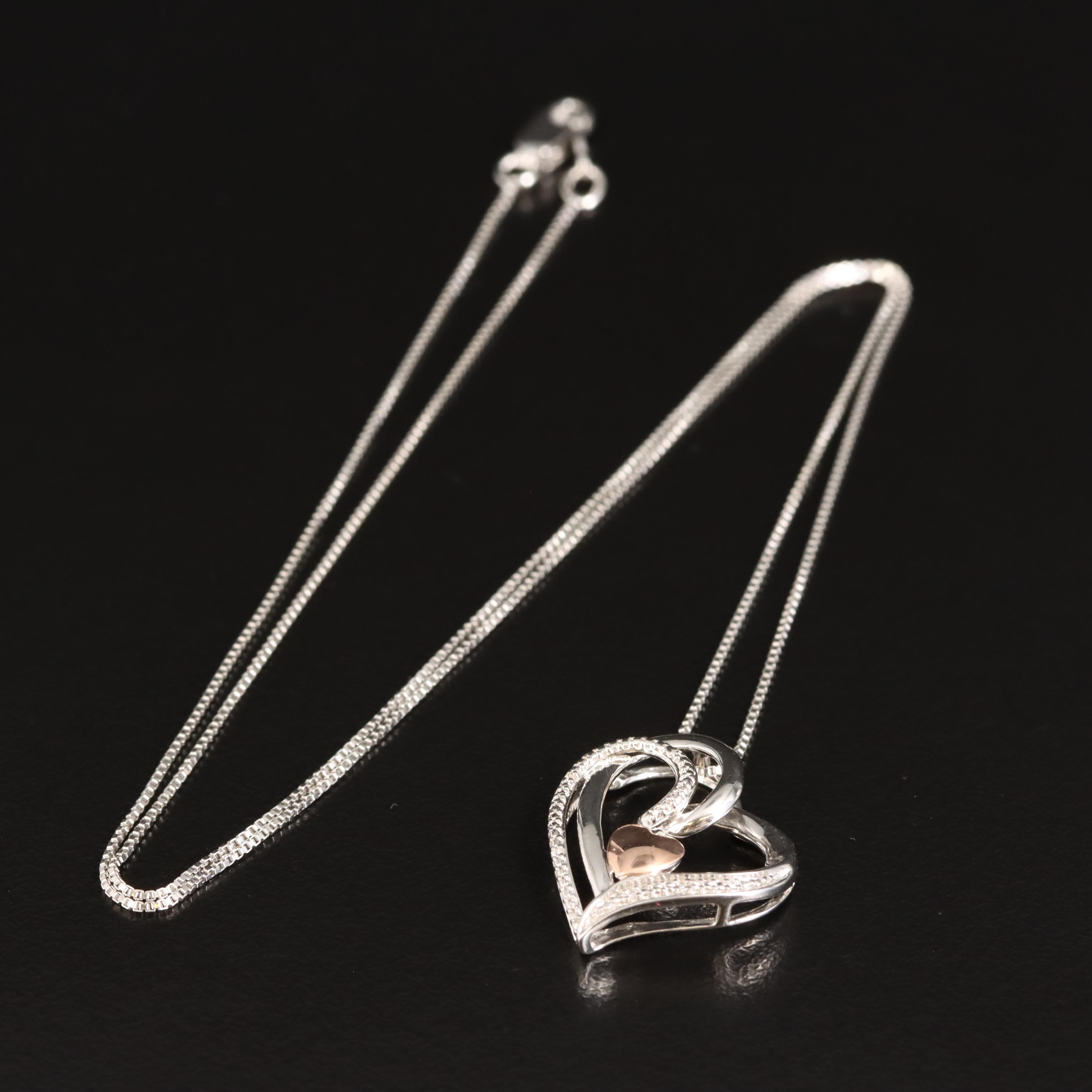 Sterling Diamond Heart Necklace with 10K Rose Gold Accent