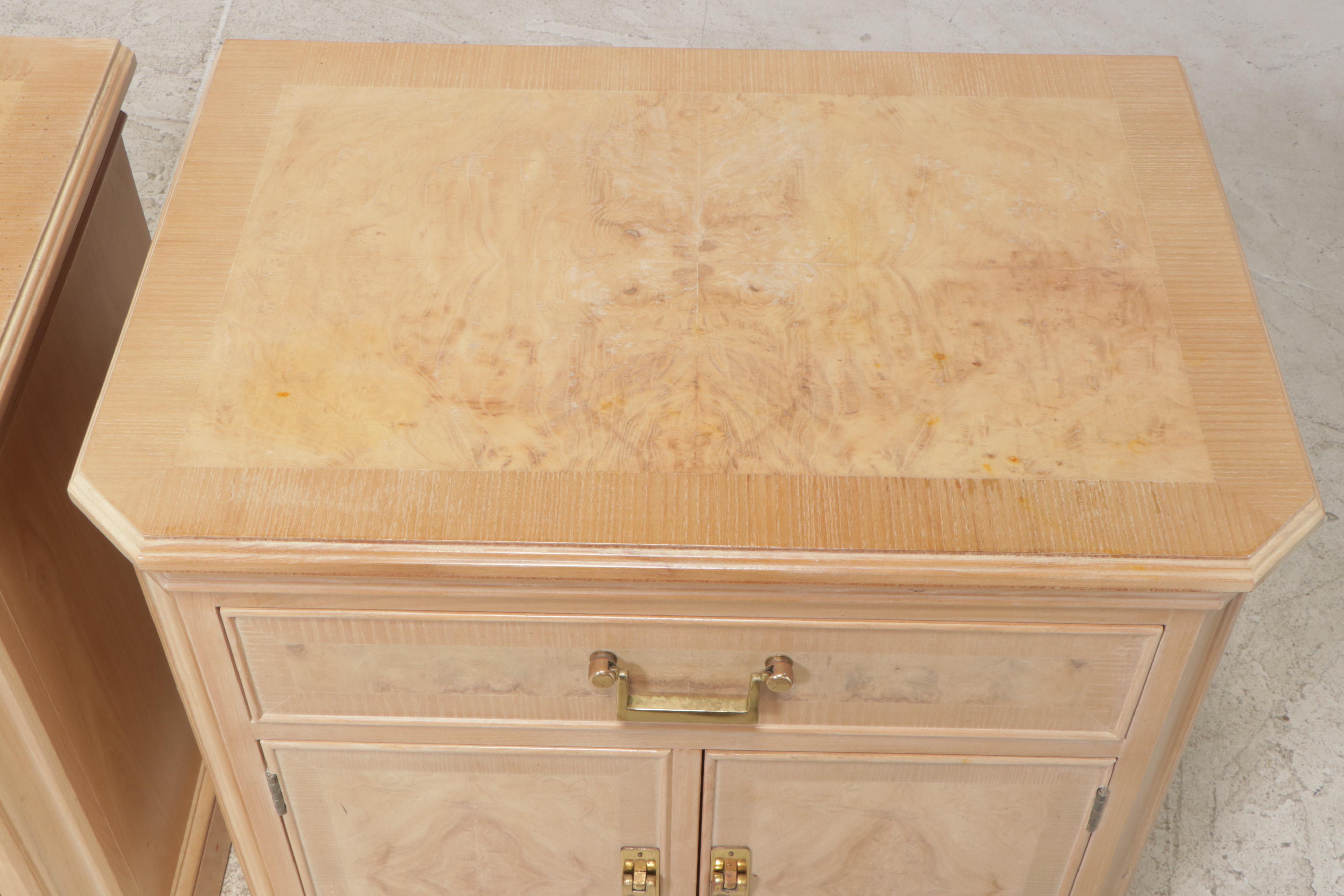 Pair of Drexel Heritage "Corinthian" Ash and Olive Ash Burl Nightstands