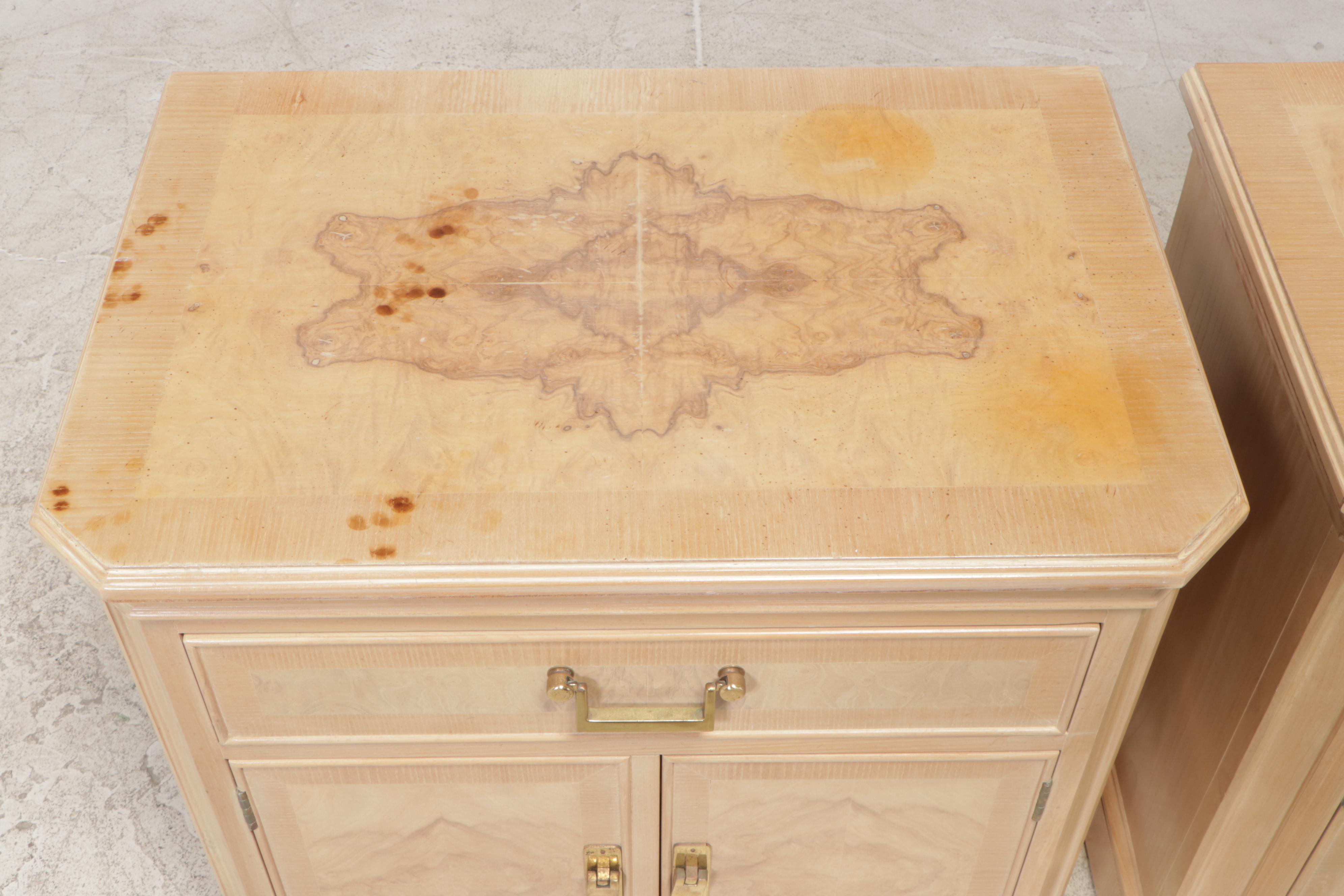 Pair of Drexel Heritage "Corinthian" Ash and Olive Ash Burl Nightstands
