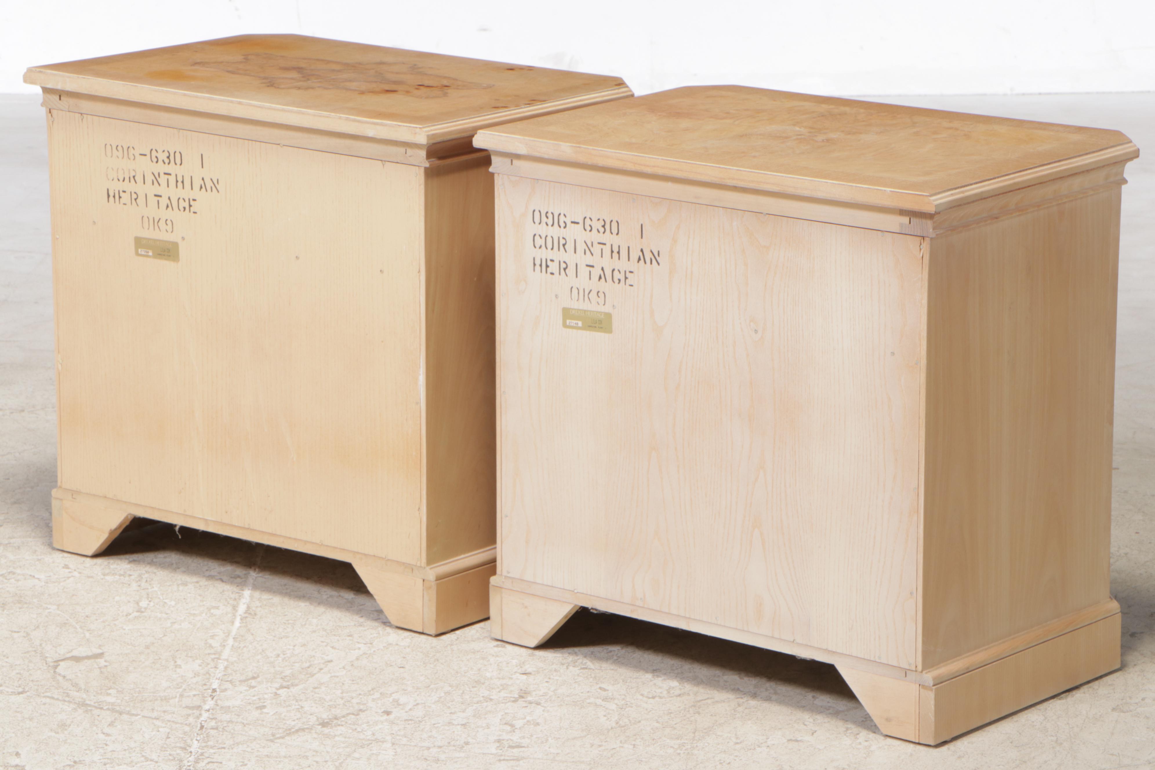 Pair of Drexel Heritage "Corinthian" Ash and Olive Ash Burl Nightstands