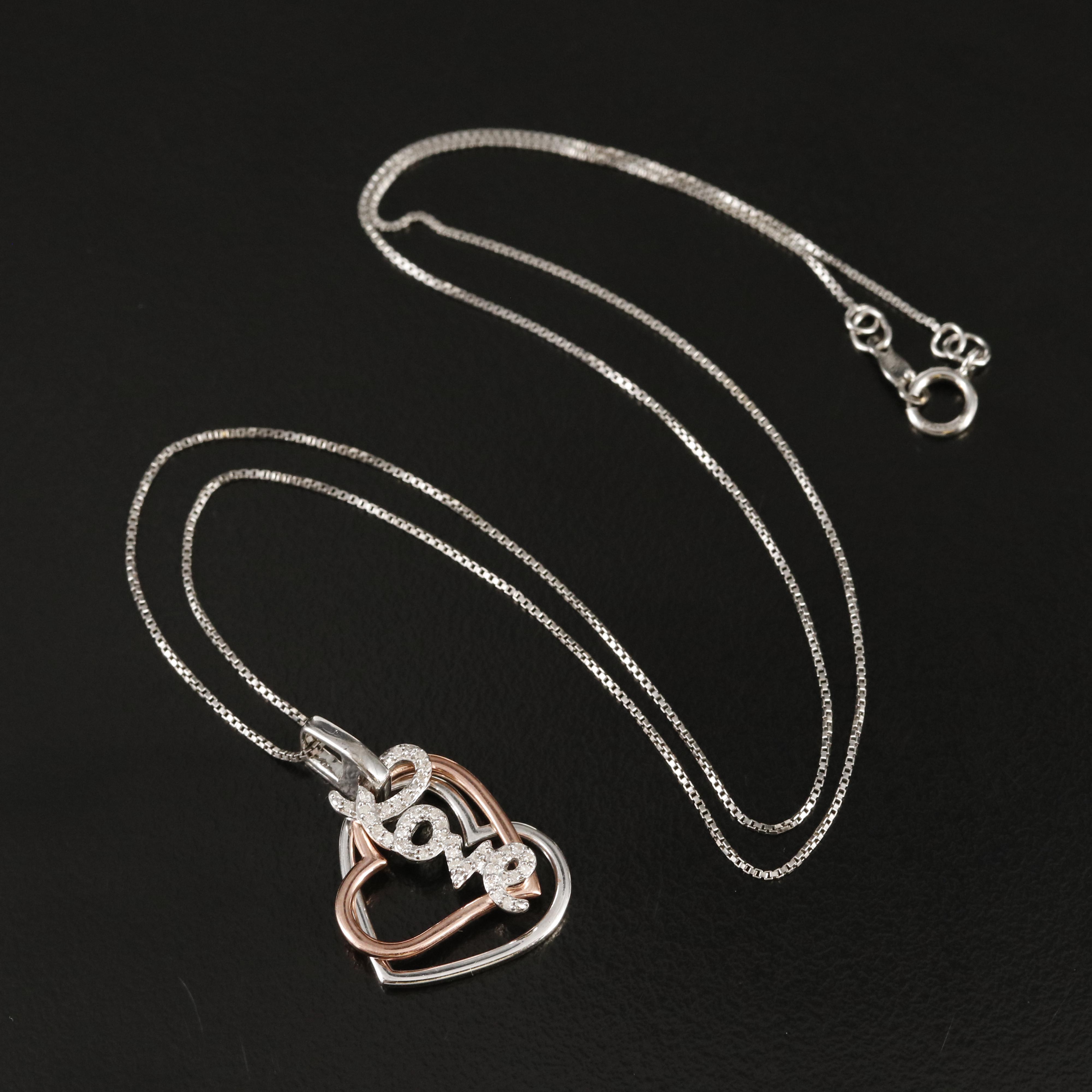 Sterling Diamond "Love" Double Heart Pendant Necklace