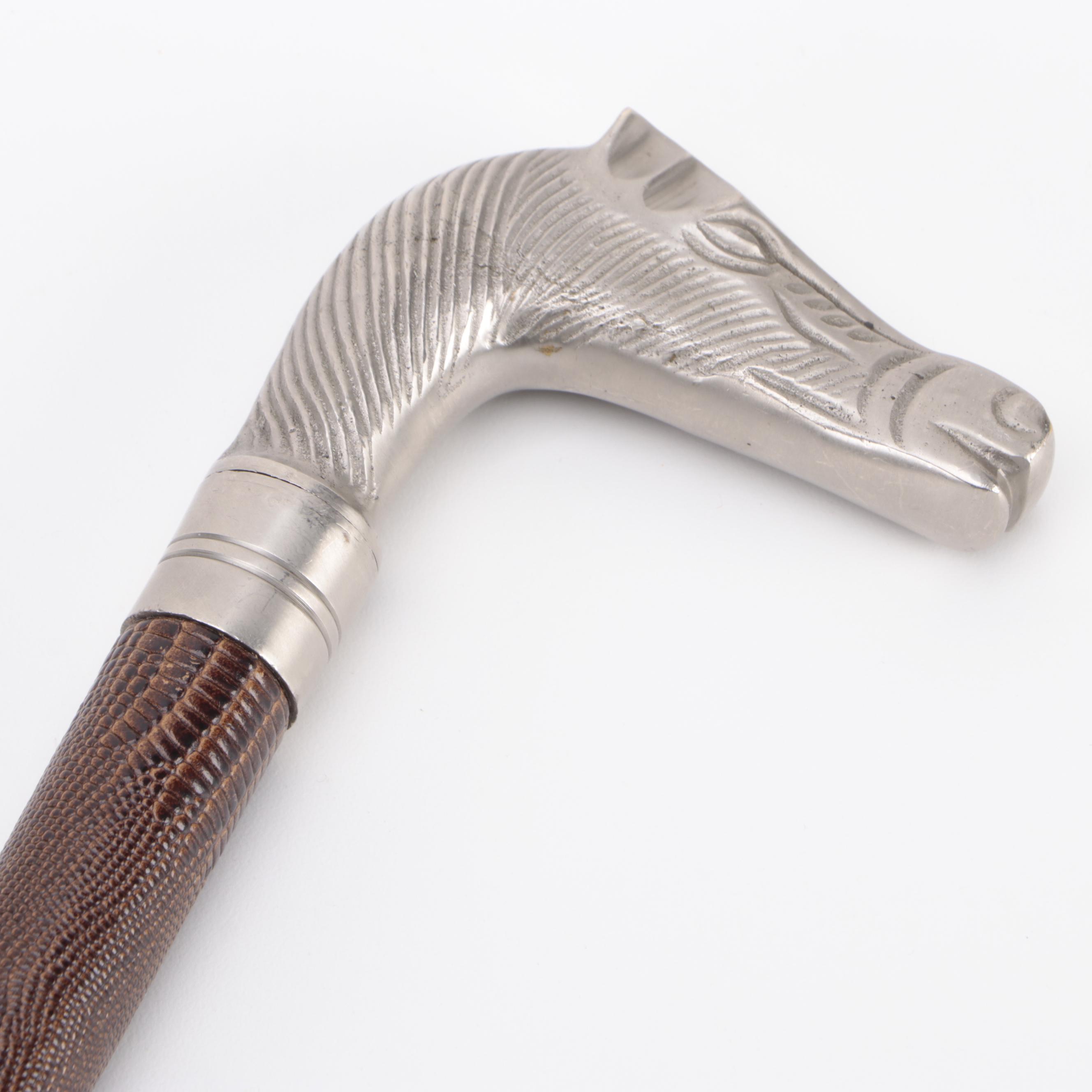 Metal Horse Head Handled Embossed Scales on Faux Leather Cane