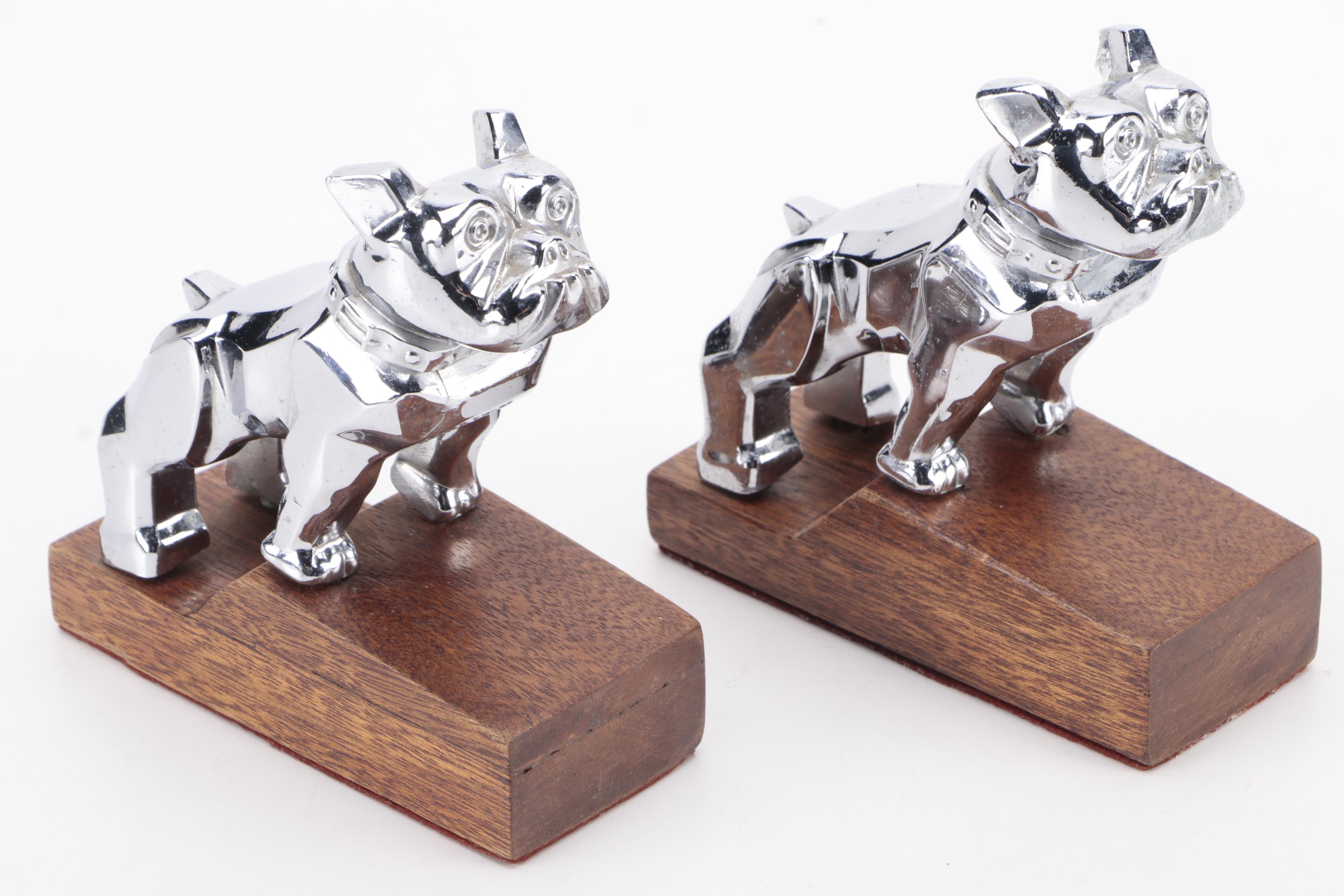 Mack Truck Bulldog Hood Ornament Metal and Wood Bookends, Late 20th Century