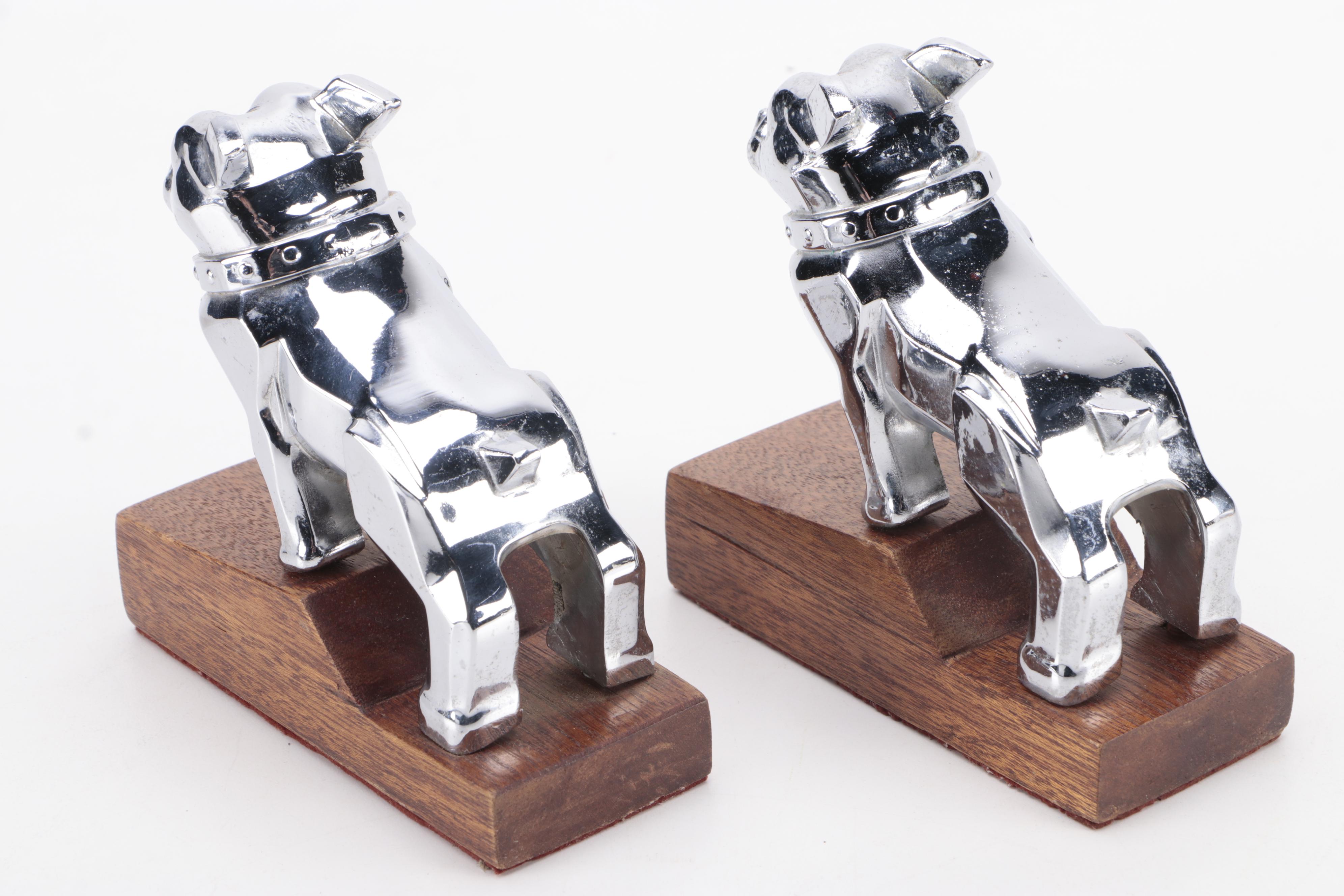 Mack Truck Bulldog Hood Ornament Metal and Wood Bookends, Late 20th Century