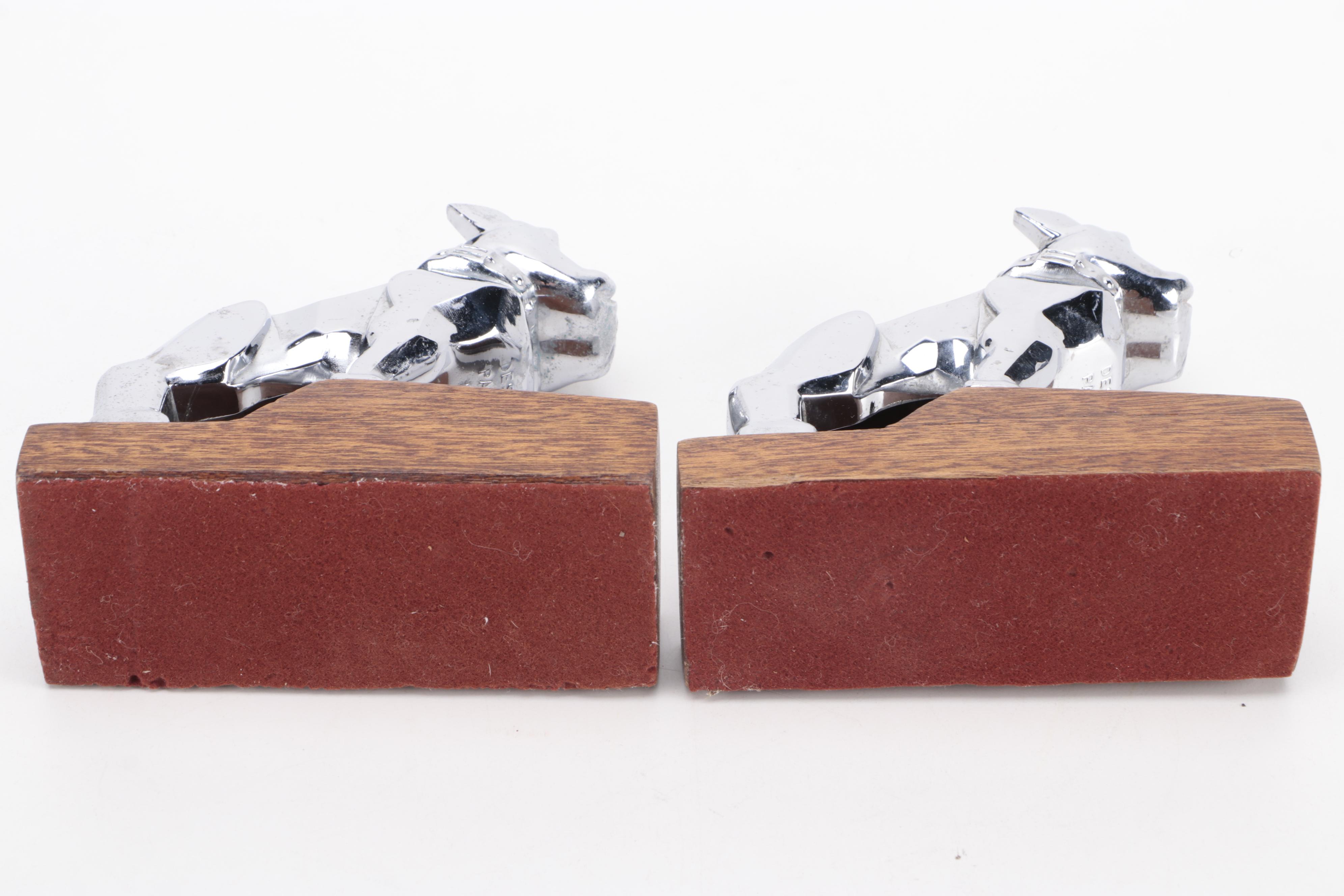 Mack Truck Bulldog Hood Ornament Metal and Wood Bookends, Late 20th Century