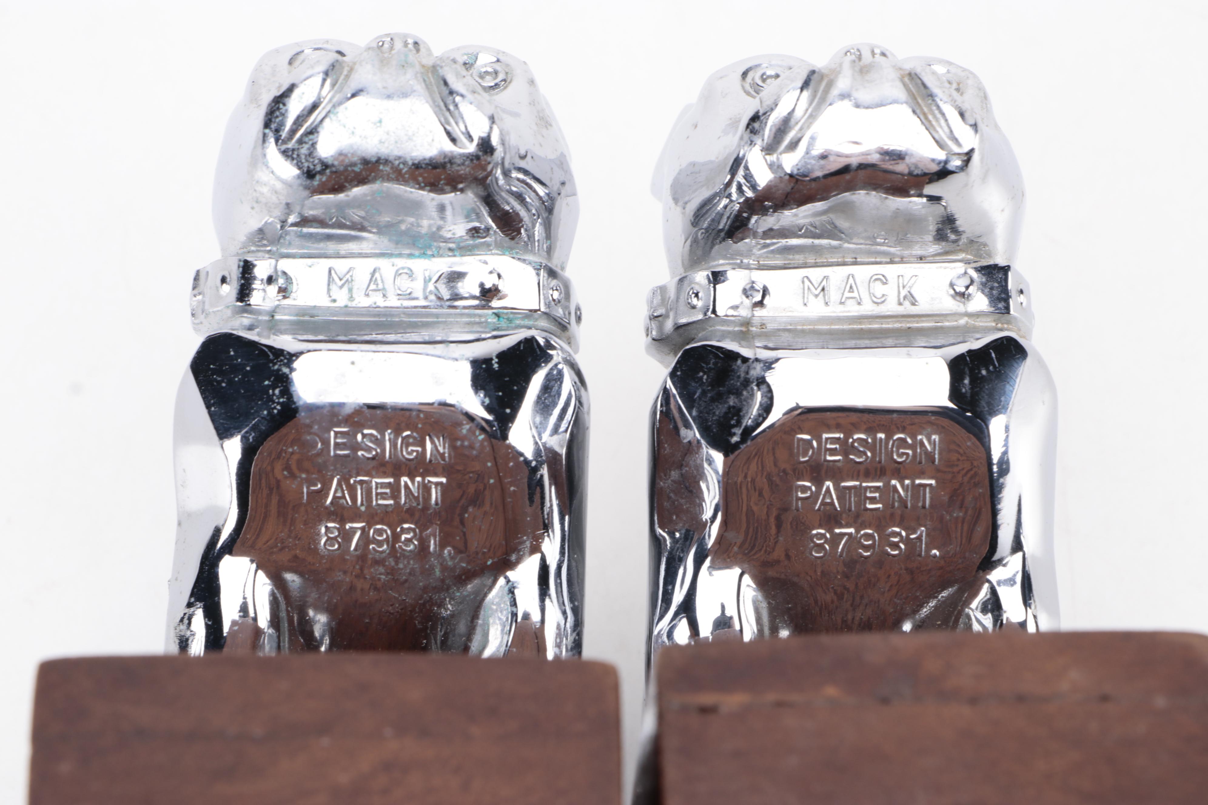 Mack Truck Bulldog Hood Ornament Metal and Wood Bookends, Late 20th Century