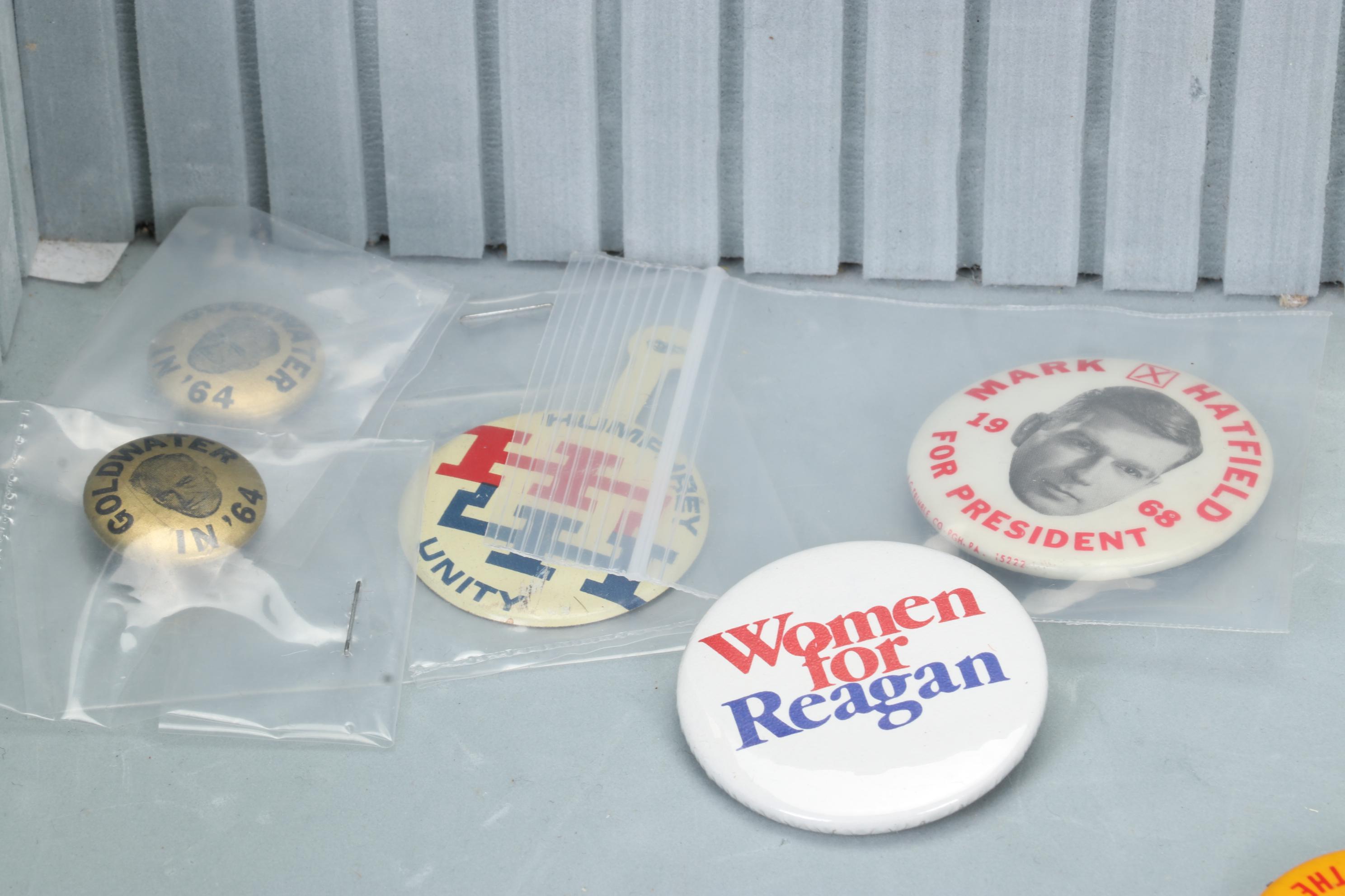 Vintage Political Pinbacks Featuring Reagan, Nixon, Carter, and More