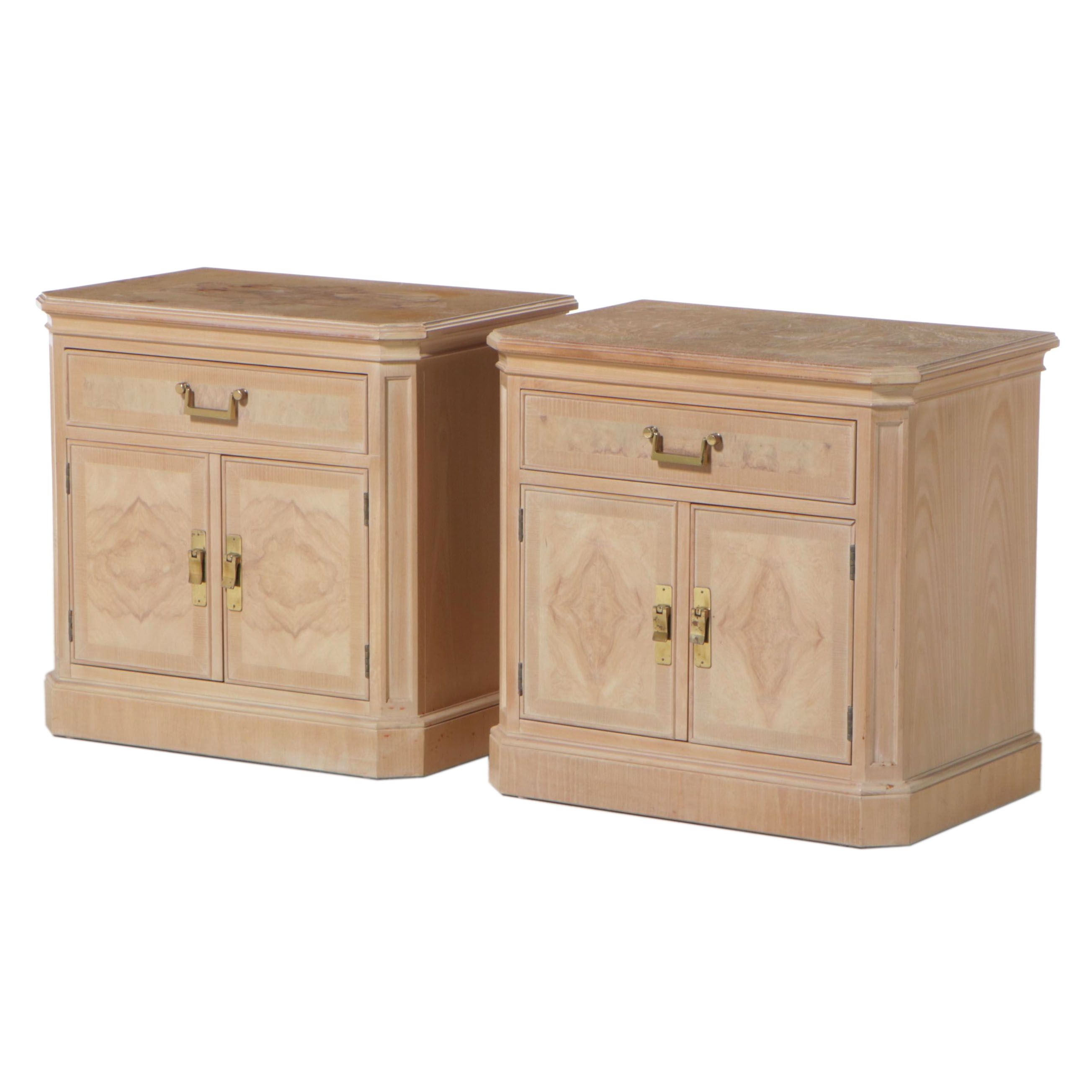 Pair of Drexel Heritage "Corinthian" Ash and Olive Ash Burl Nightstands