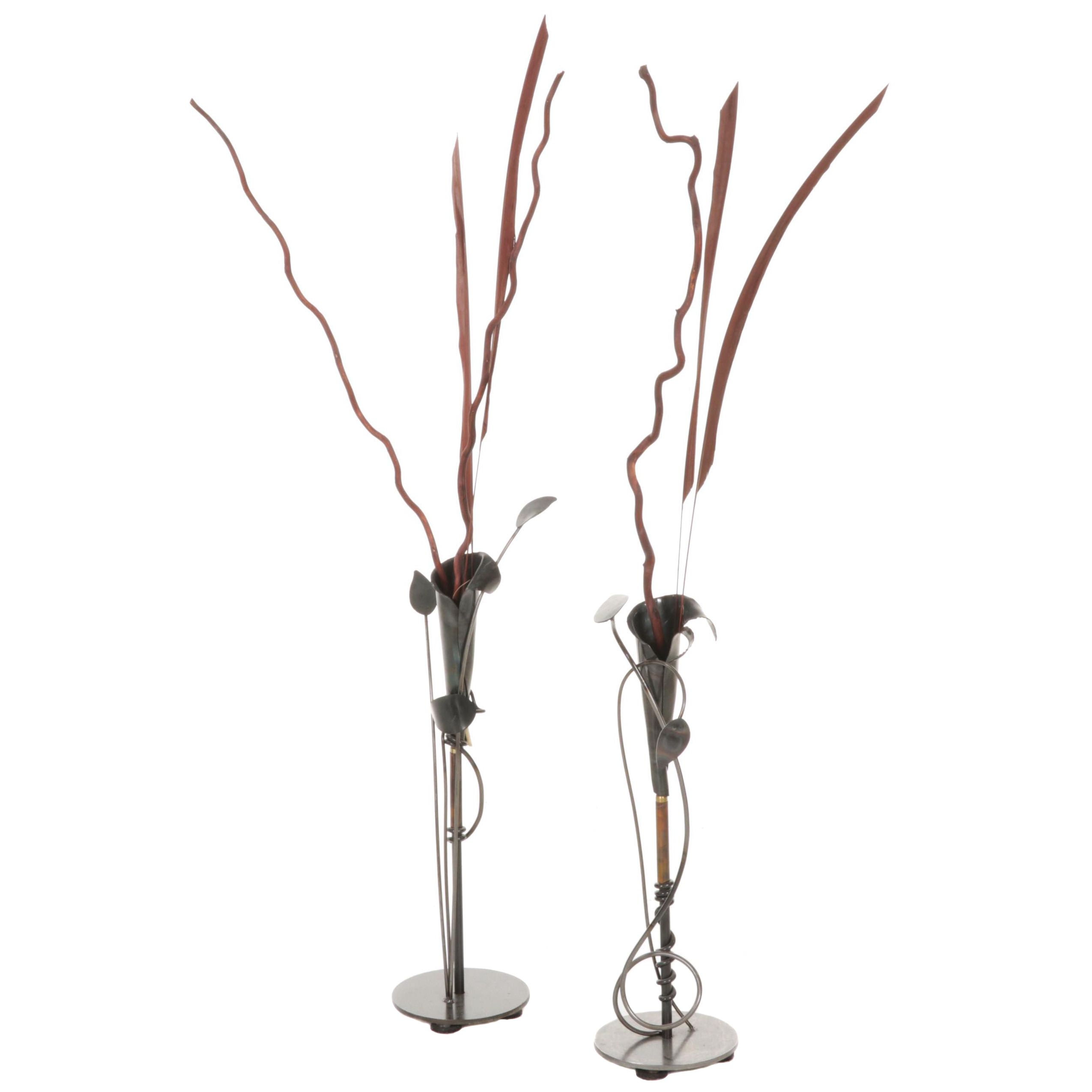 Pair of Contemporary Wrought Metal and Welded Decorative Floor Vases