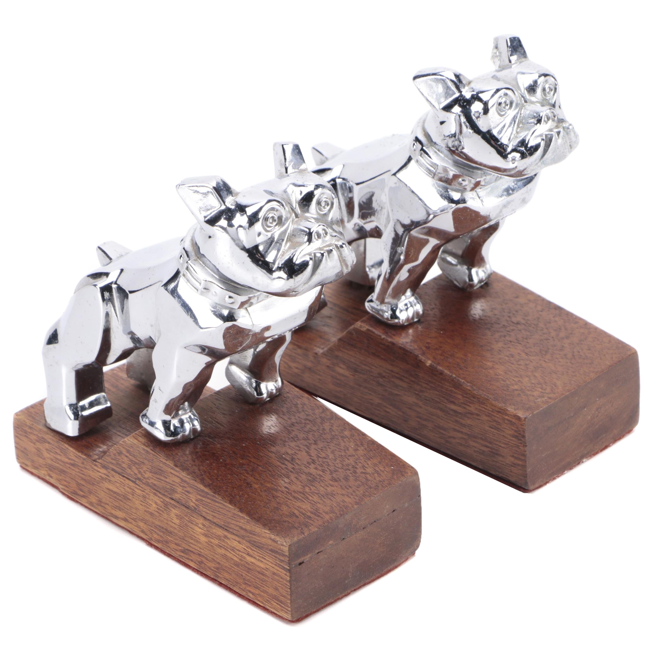 Mack Truck Bulldog Hood Ornament Metal and Wood Bookends, Late 20th Century