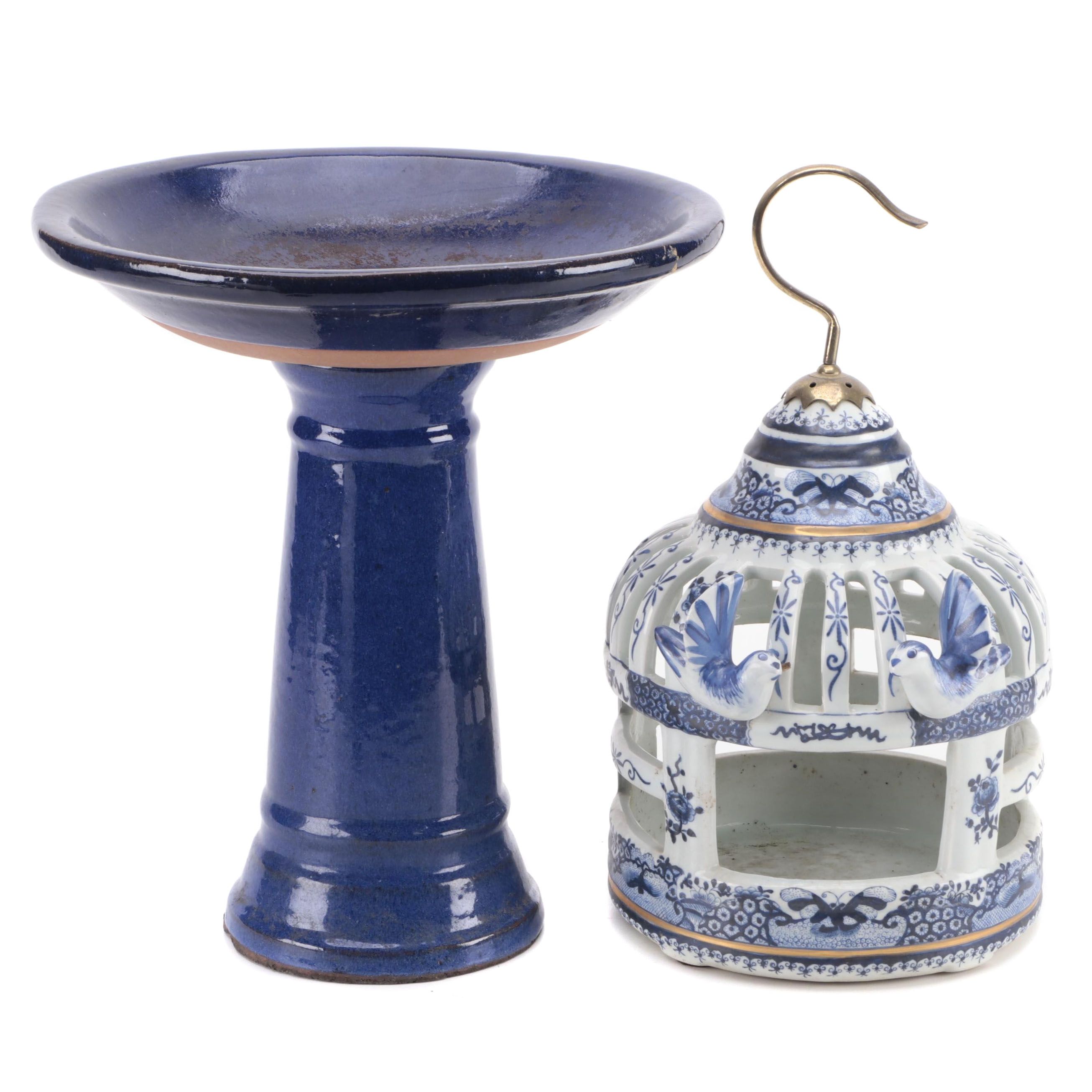 Decorative Blue and White Ceramic Bird Cage with Cobalt Terracotta Bird Bath