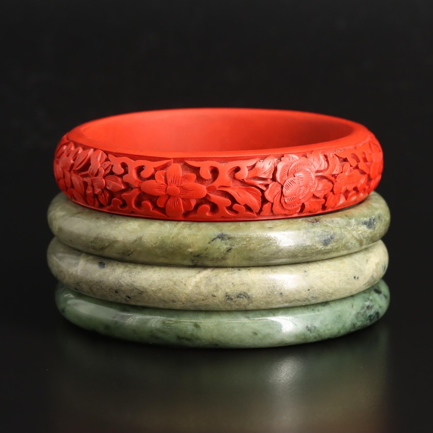 Nephrite and Faux Cinnabar Bangles