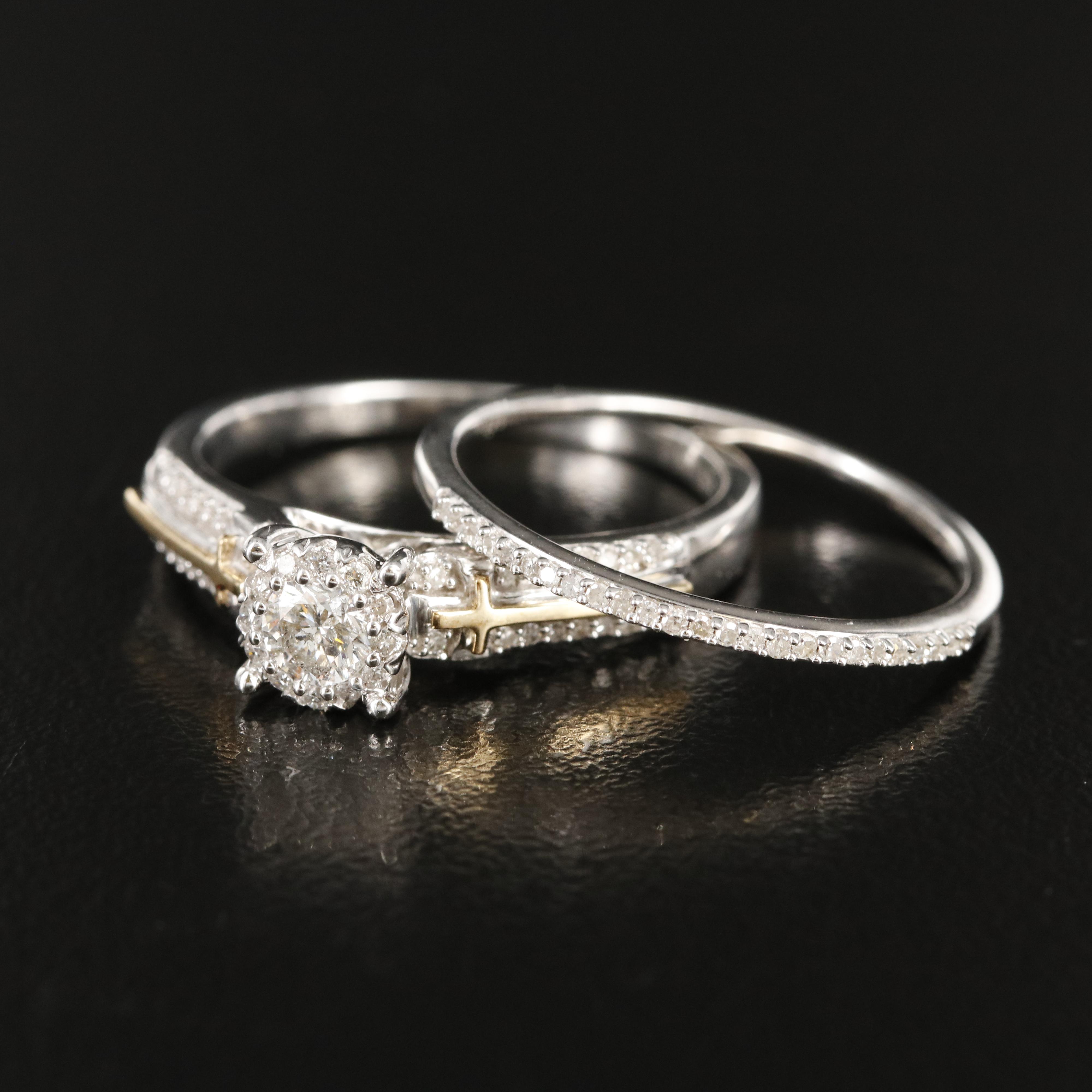 Sterling Diamond Ring Set with 14K Cross Accents