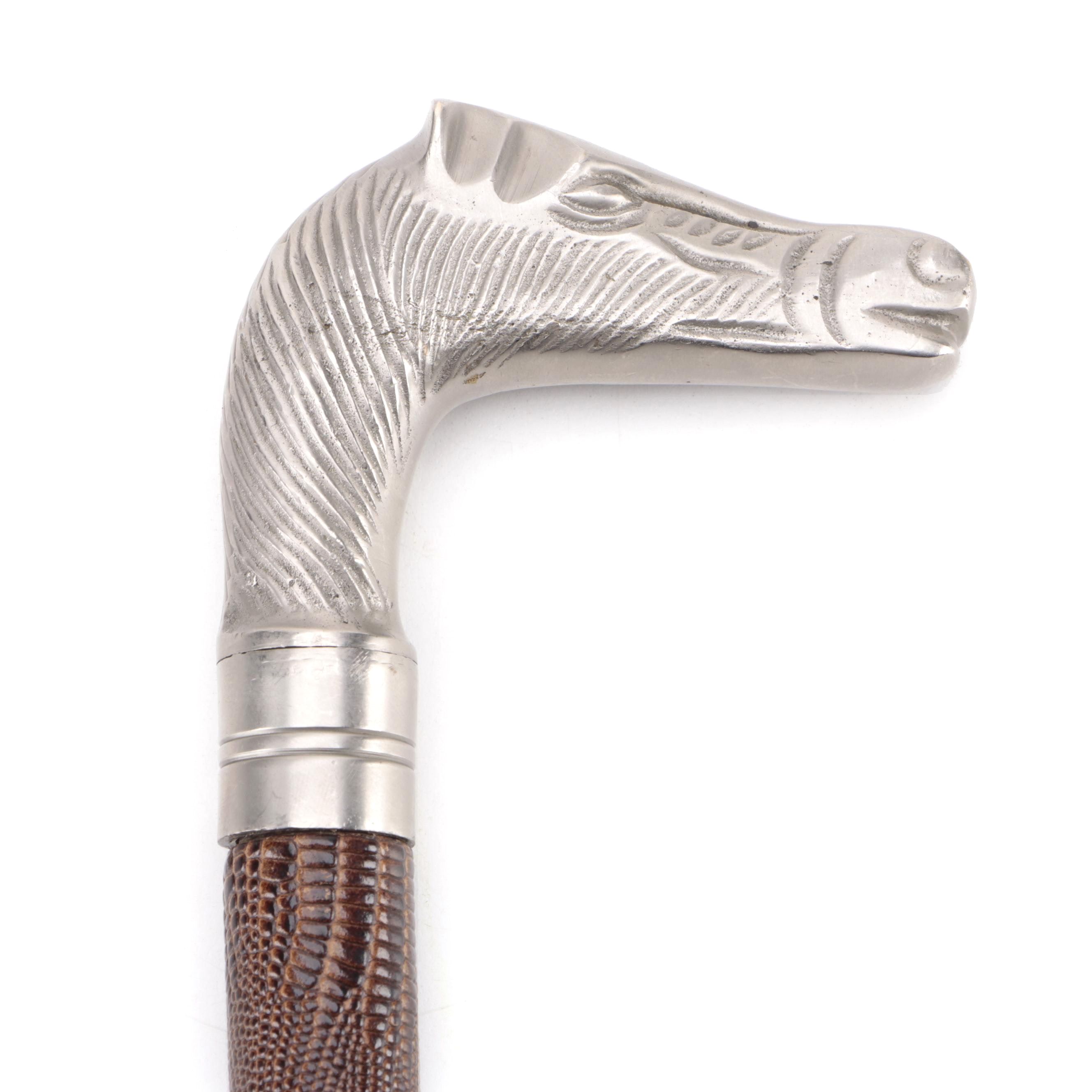 Metal Horse Head Handled Embossed Scales on Faux Leather Cane