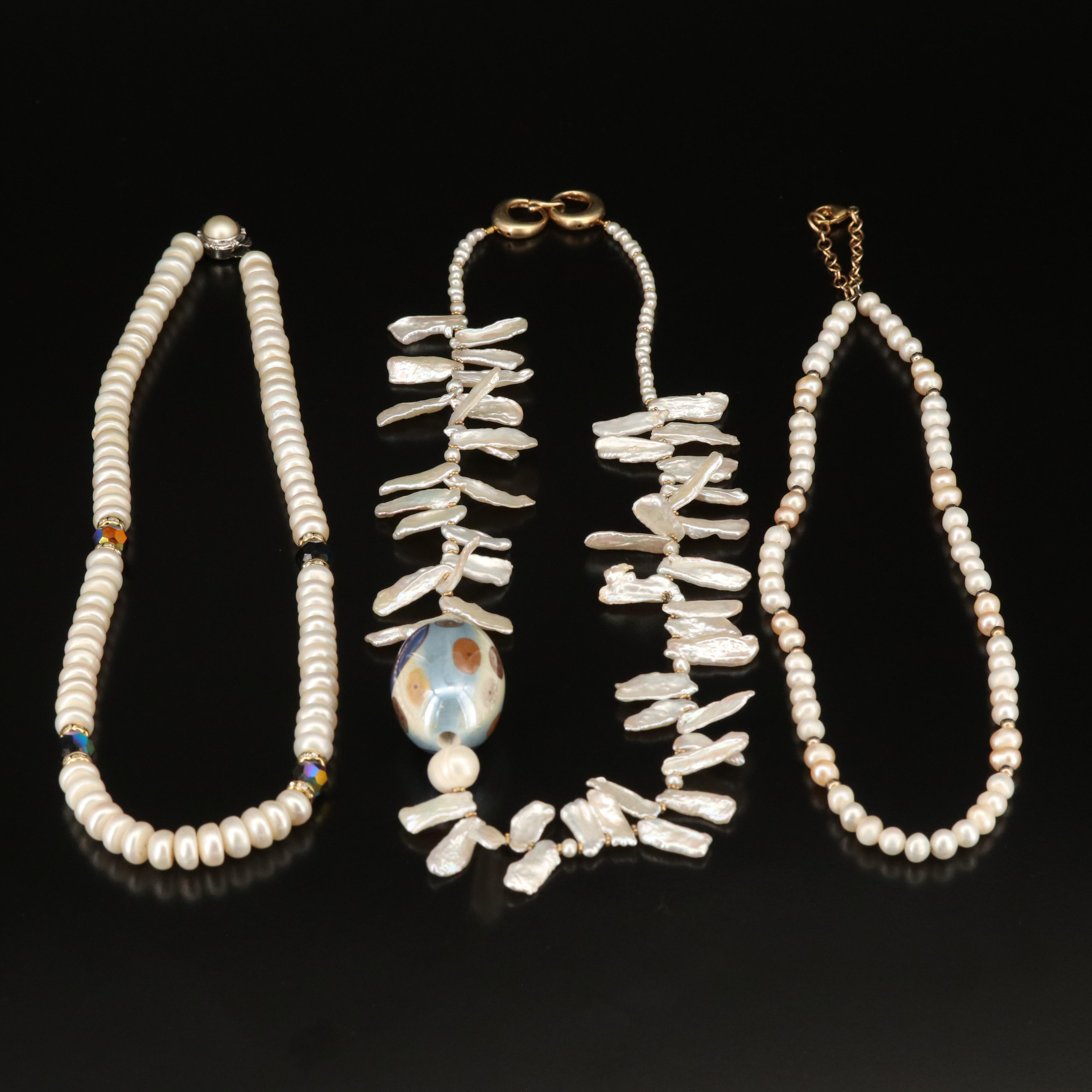 Pearl, Faux Pearl and Rhinestone Necklaces Including Sterling