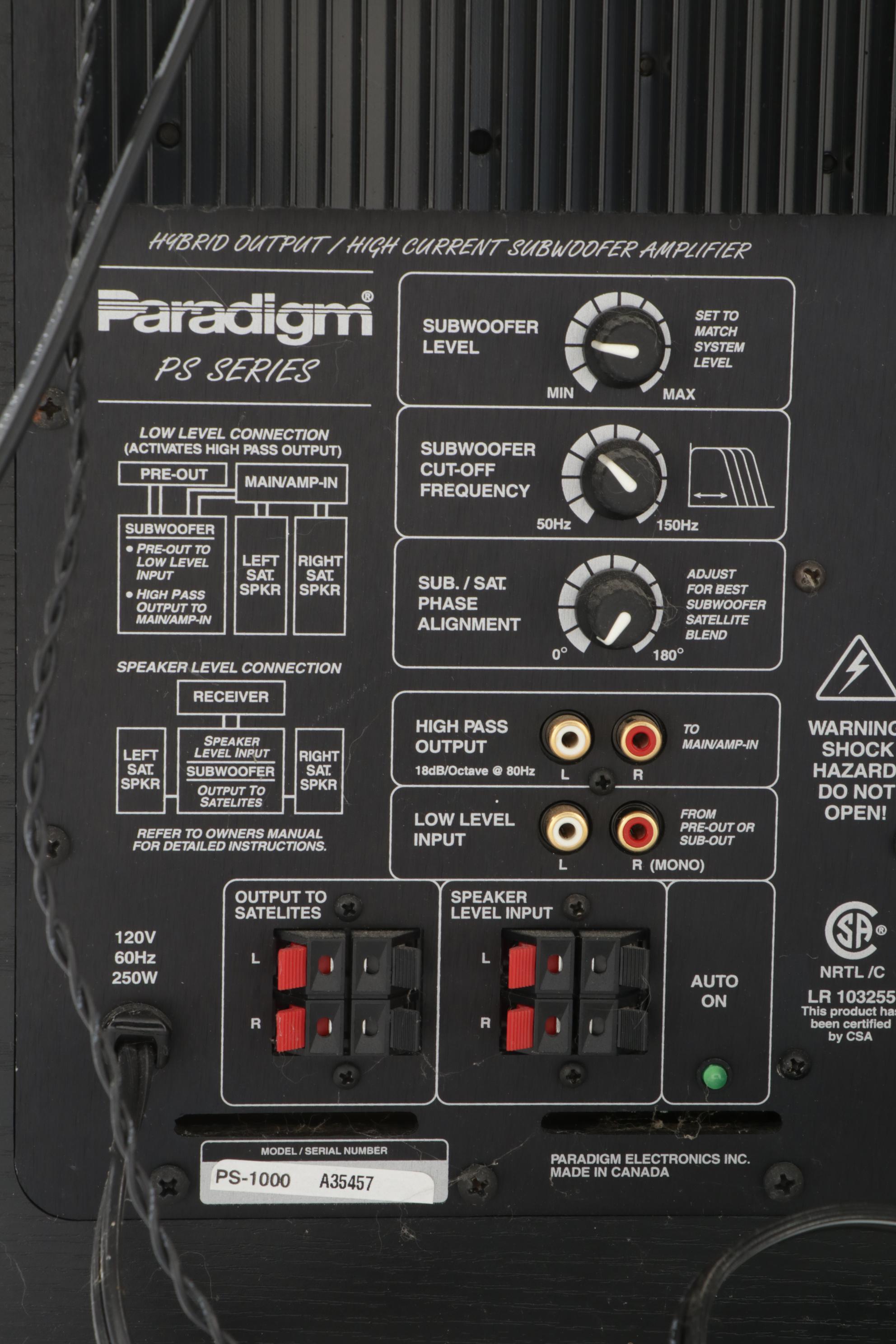 Paradigm PS-1000 Subwoofer Amp, Yamaha Stereo Receiver and Sony DVD Player