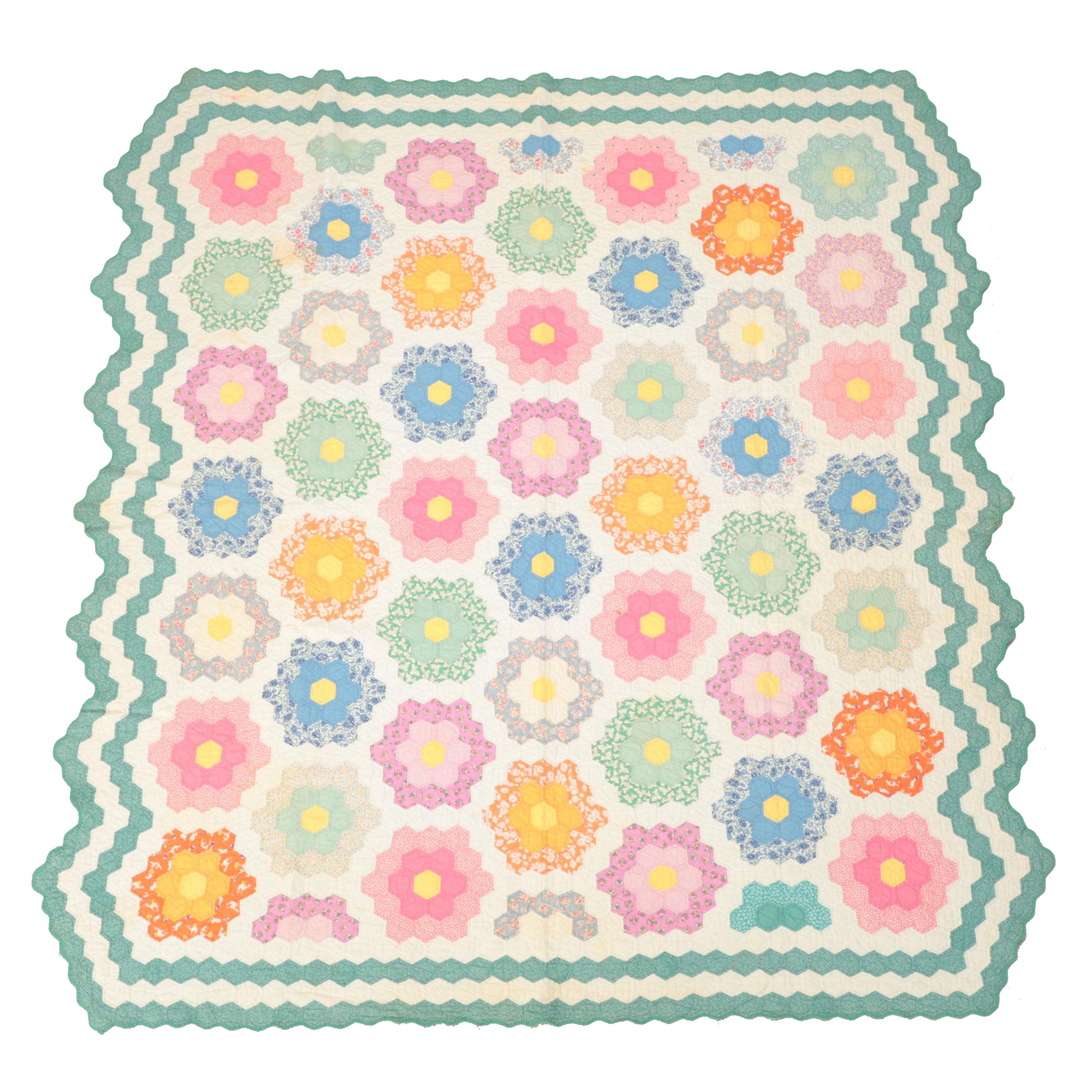 Handmade "Grandmother's Flower Garden" Pieced Cotton Quilt, Mid-20th C.