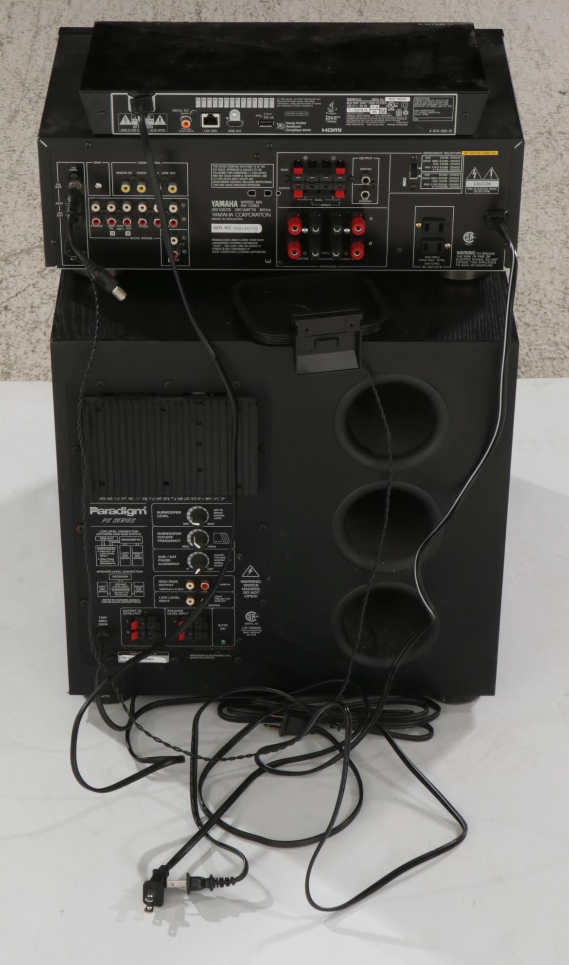 Paradigm PS-1000 Subwoofer Amp, Yamaha Stereo Receiver and Sony DVD Player