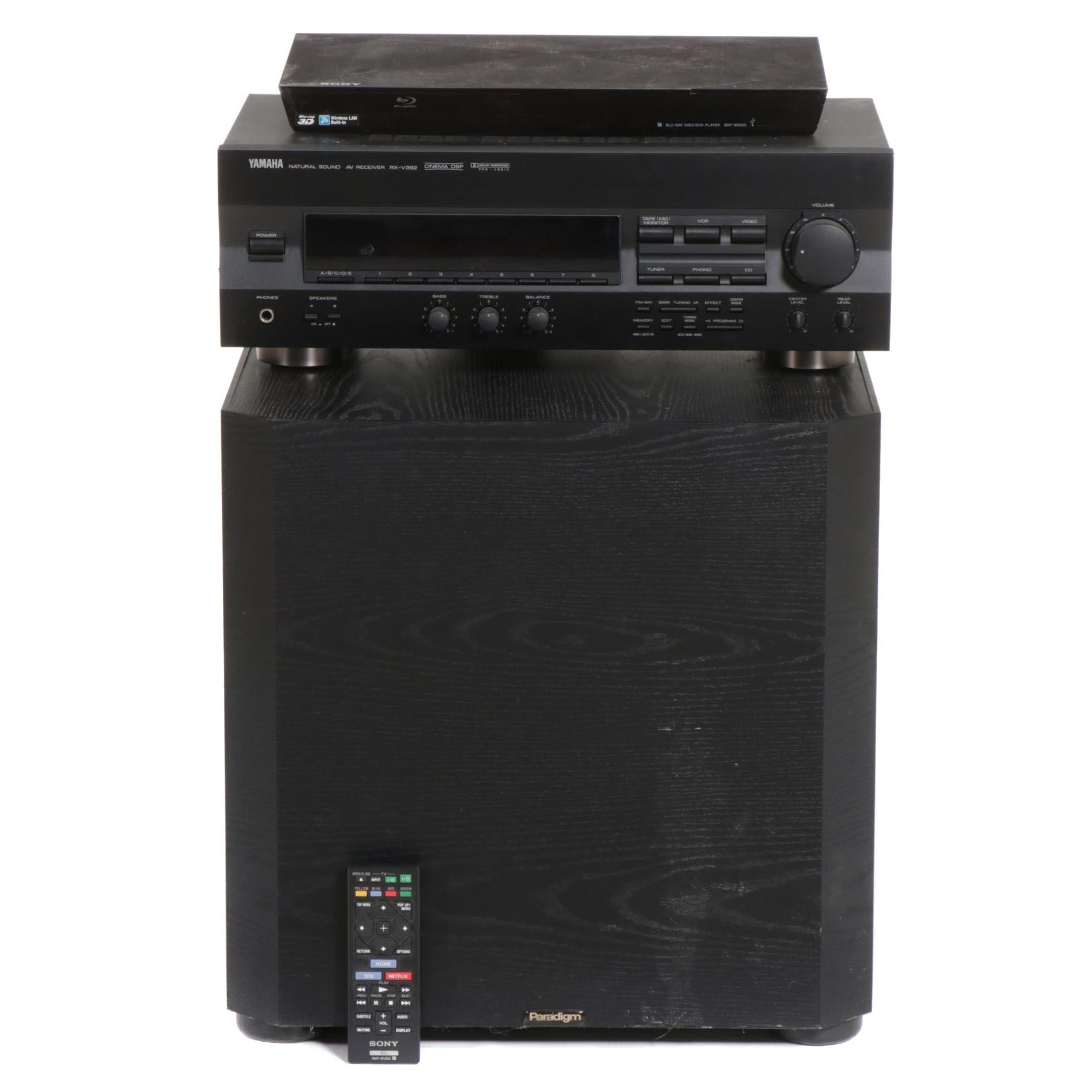 Paradigm PS-1000 Subwoofer Amp, Yamaha Stereo Receiver and Sony DVD Player
