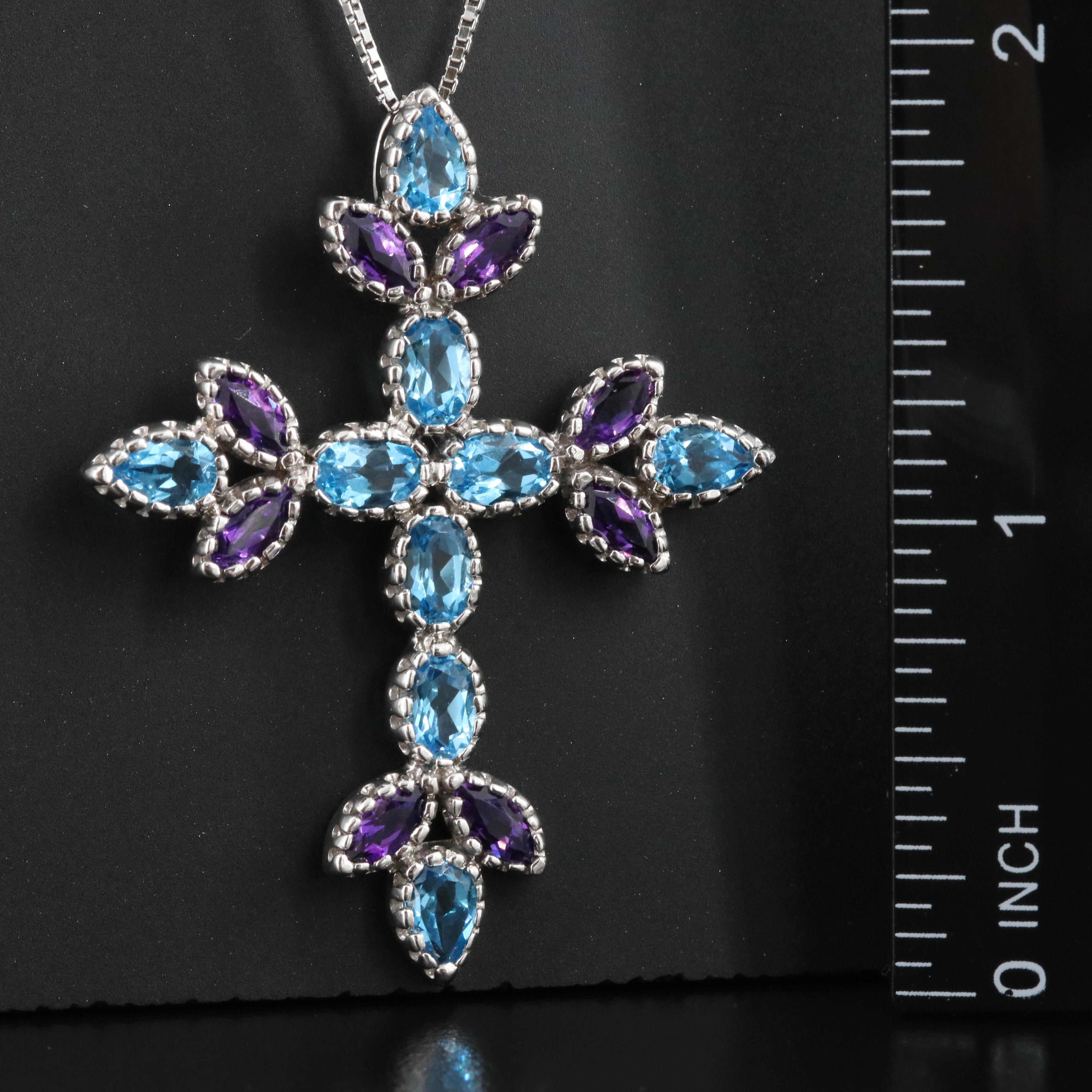 14K Amethyst and Swiss Blue Topaz Cross Pendant Necklace