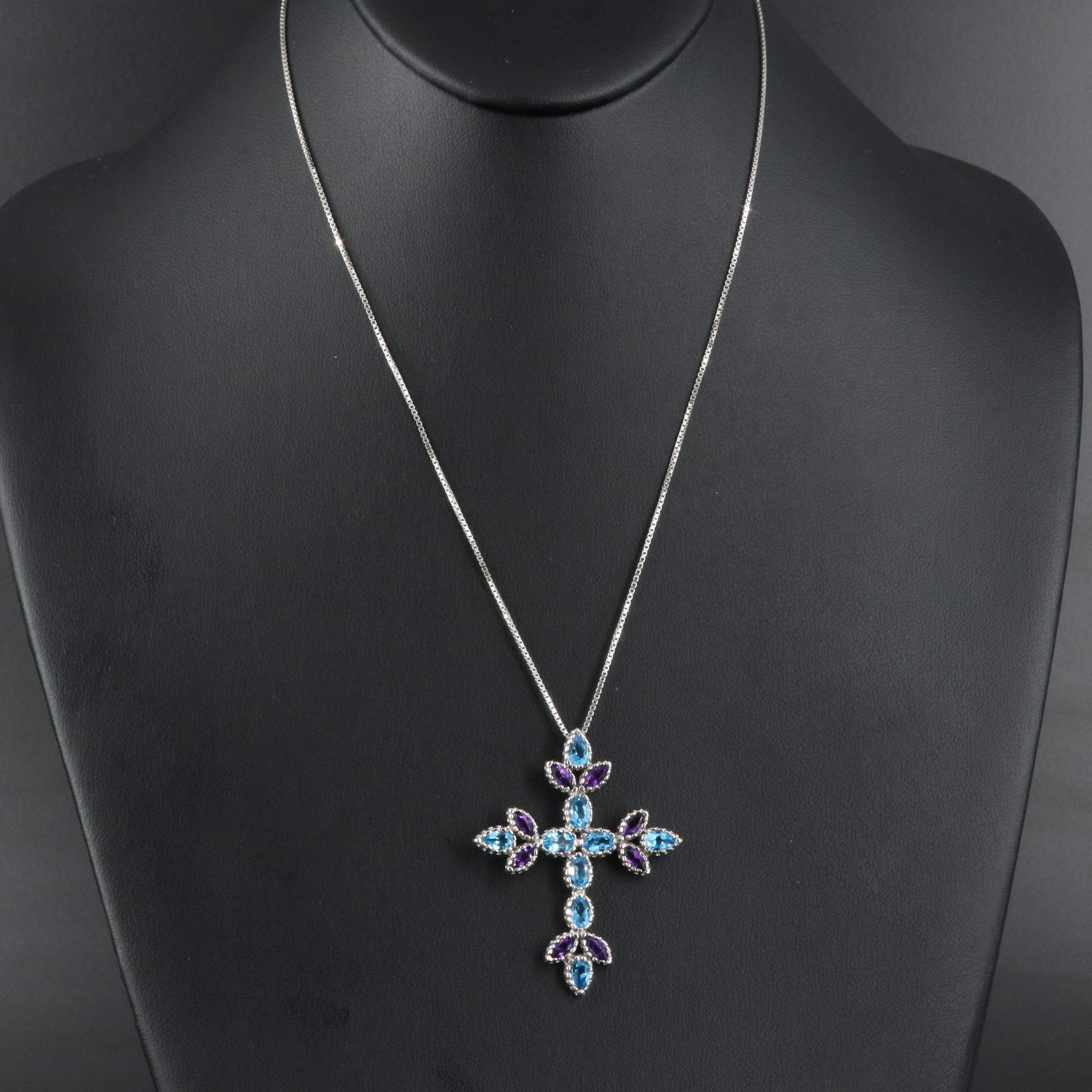 14K Amethyst and Swiss Blue Topaz Cross Pendant Necklace