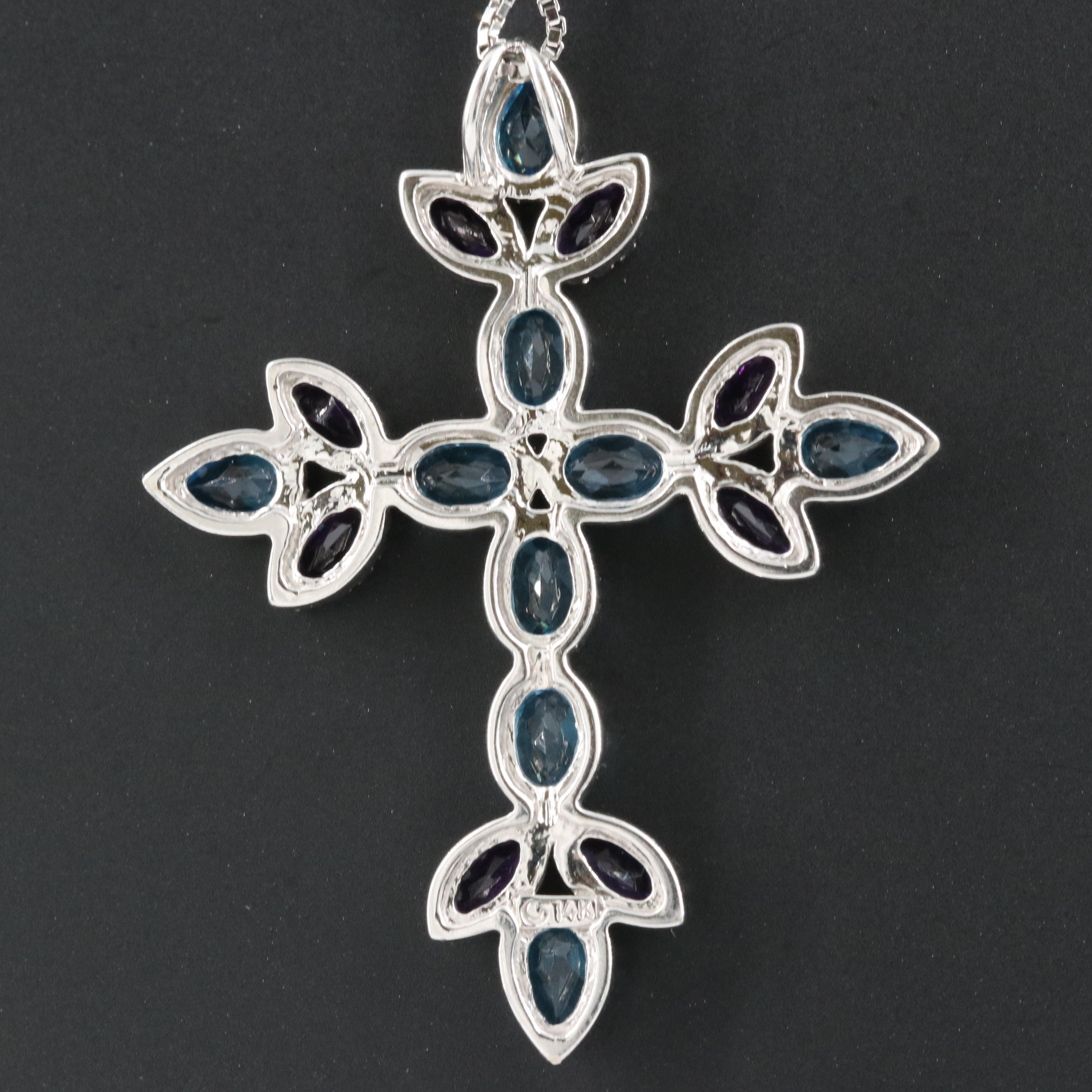 14K Amethyst and Swiss Blue Topaz Cross Pendant Necklace