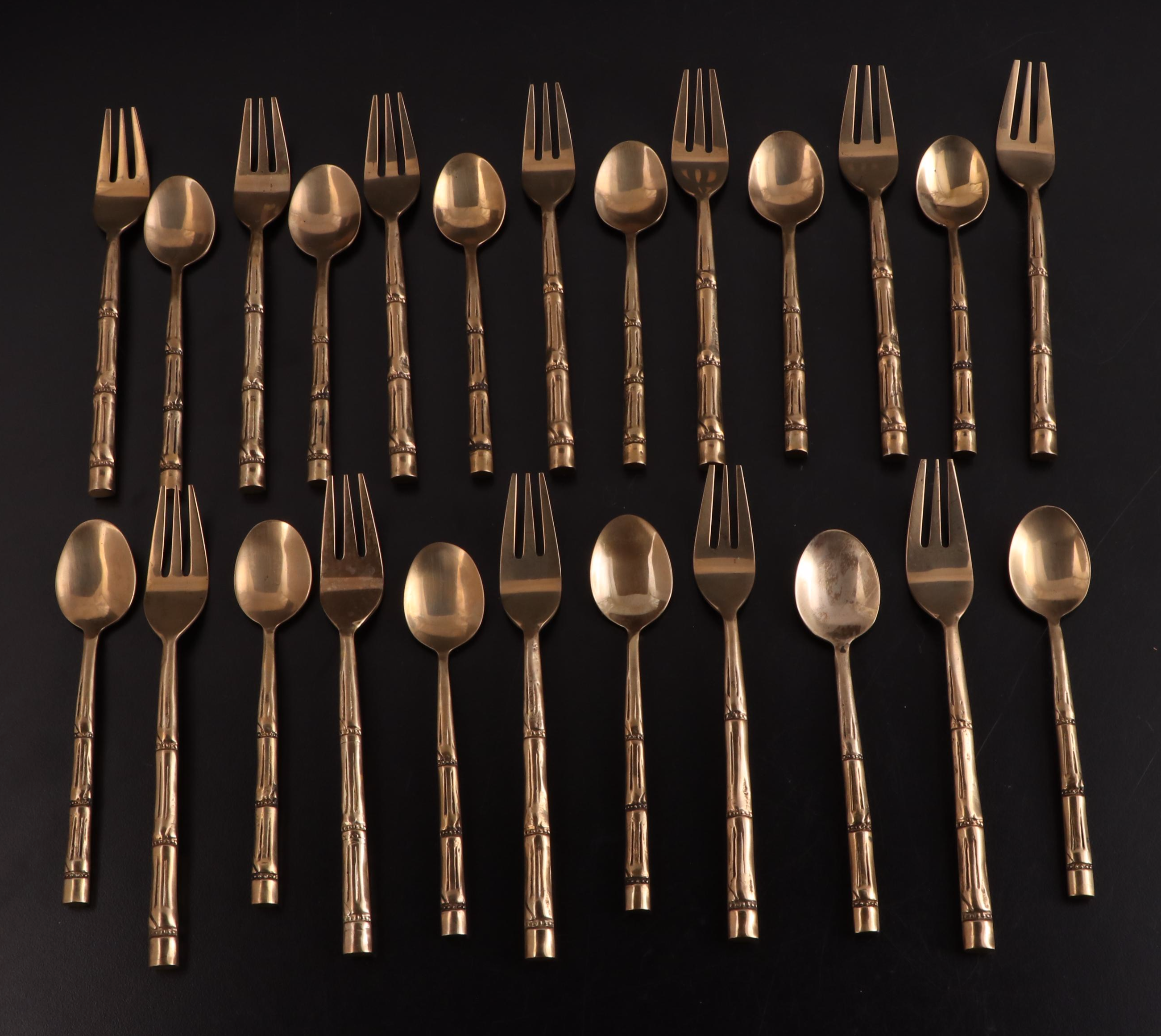 Nickel Bronze Flatware and Serveware With Bamboo Style Handles