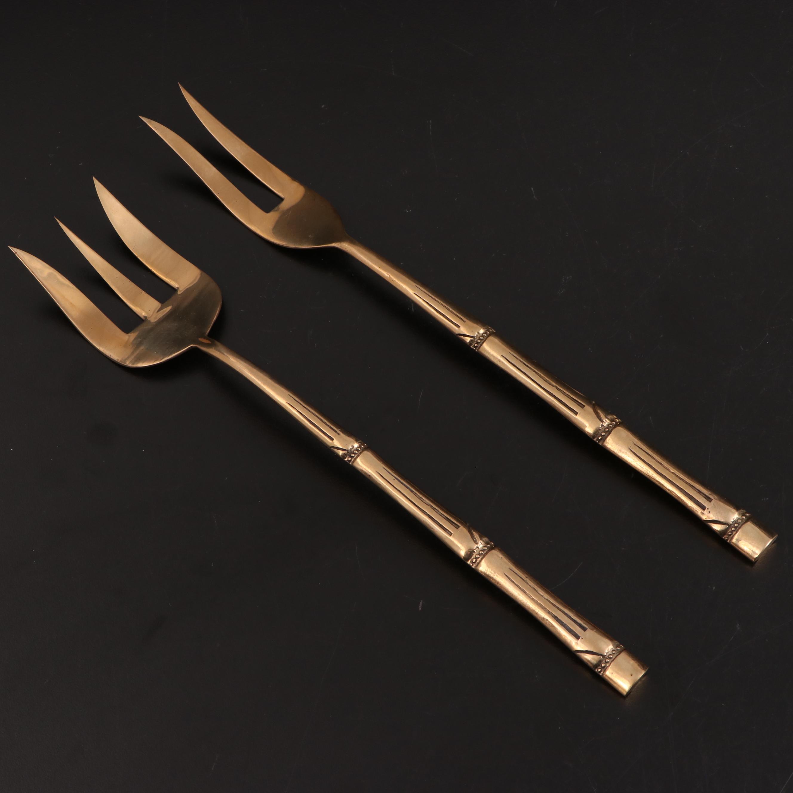 Nickel Bronze Flatware and Serveware With Bamboo Style Handles