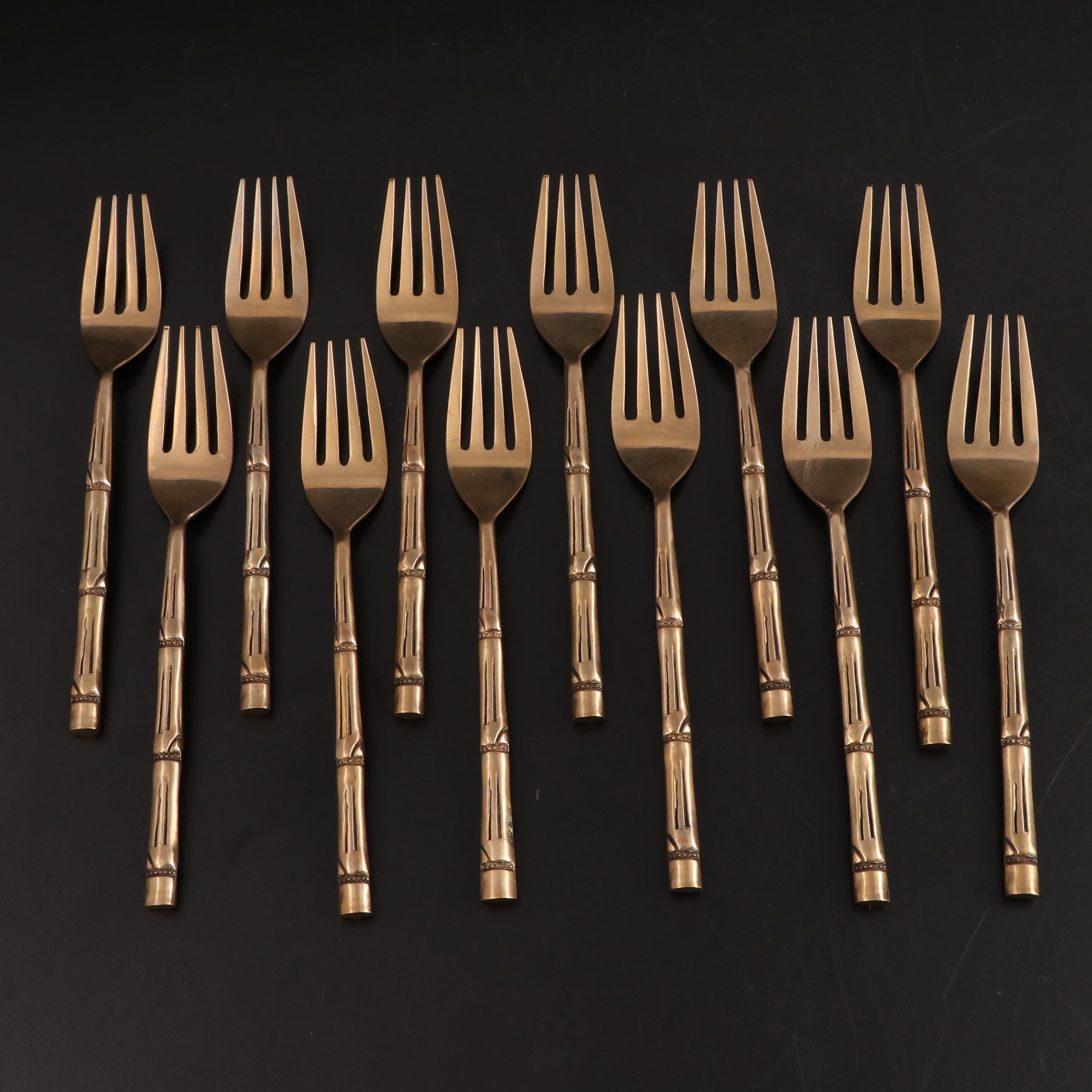 Nickel Bronze Flatware and Serveware With Bamboo Style Handles