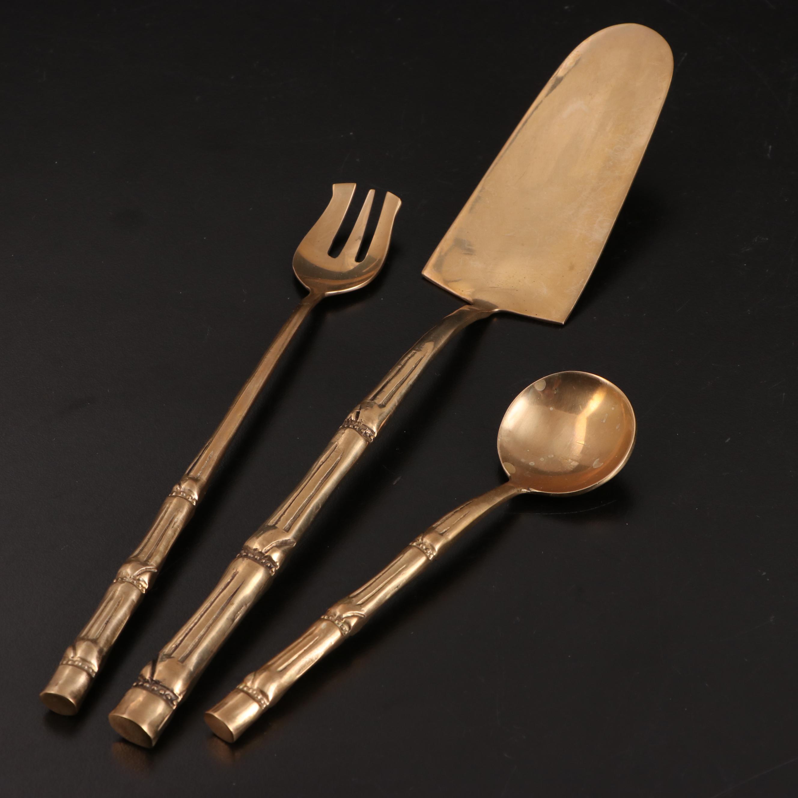 Nickel Bronze Flatware and Serveware With Bamboo Style Handles