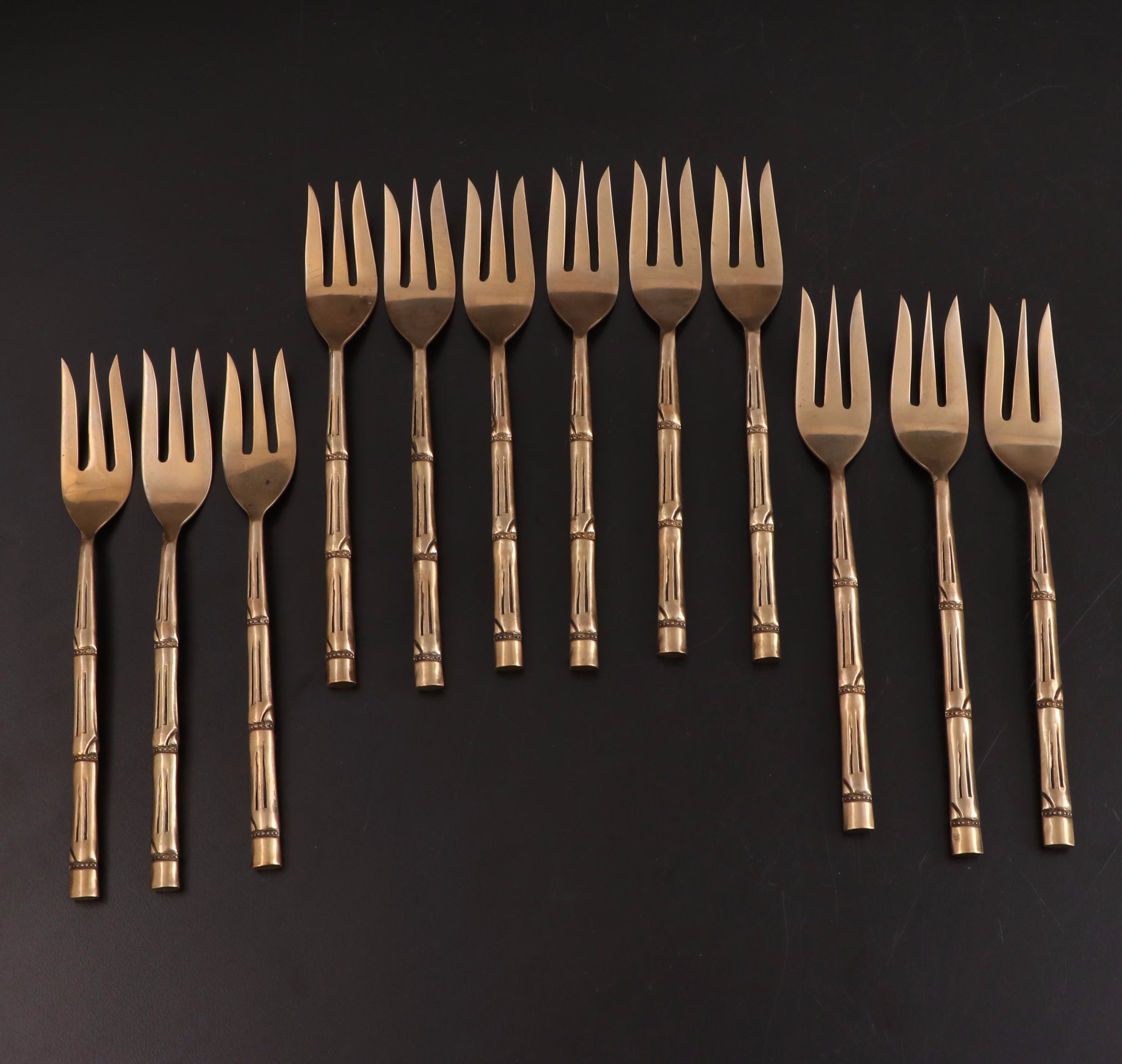 Nickel Bronze Flatware and Serveware With Bamboo Style Handles