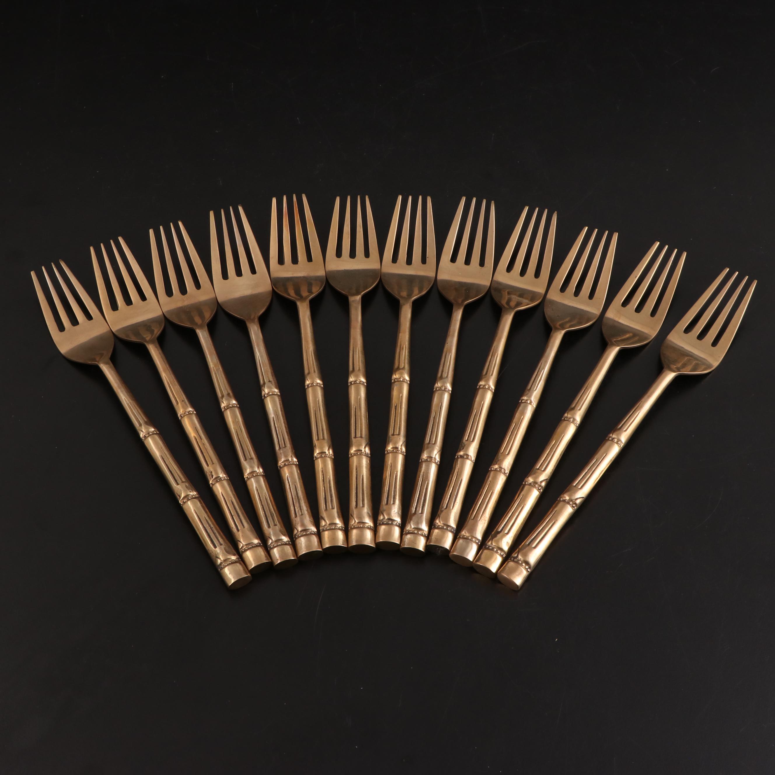 Nickel Bronze Flatware and Serveware With Bamboo Style Handles