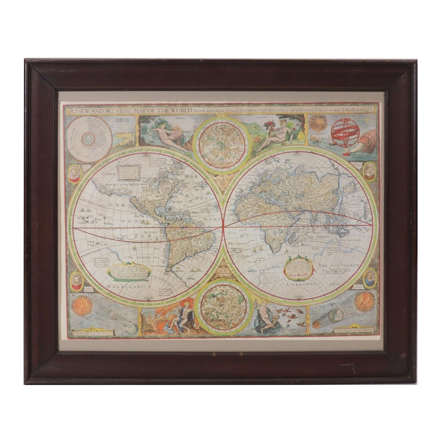 Offset Lithograph Map After John Speed "A New and Accurat Map of the World"