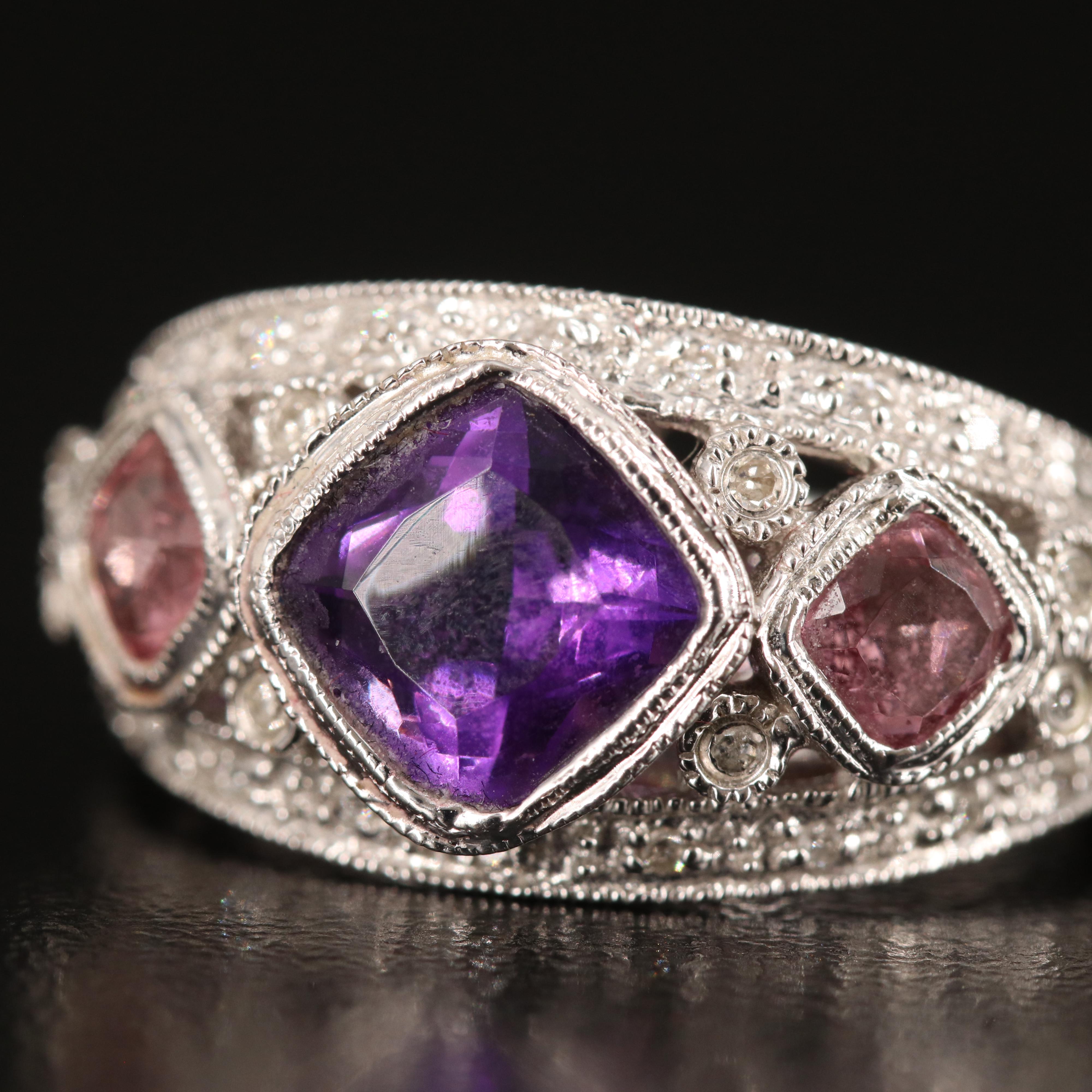 14K Amethyst, Tourmaline and Diamond Ring