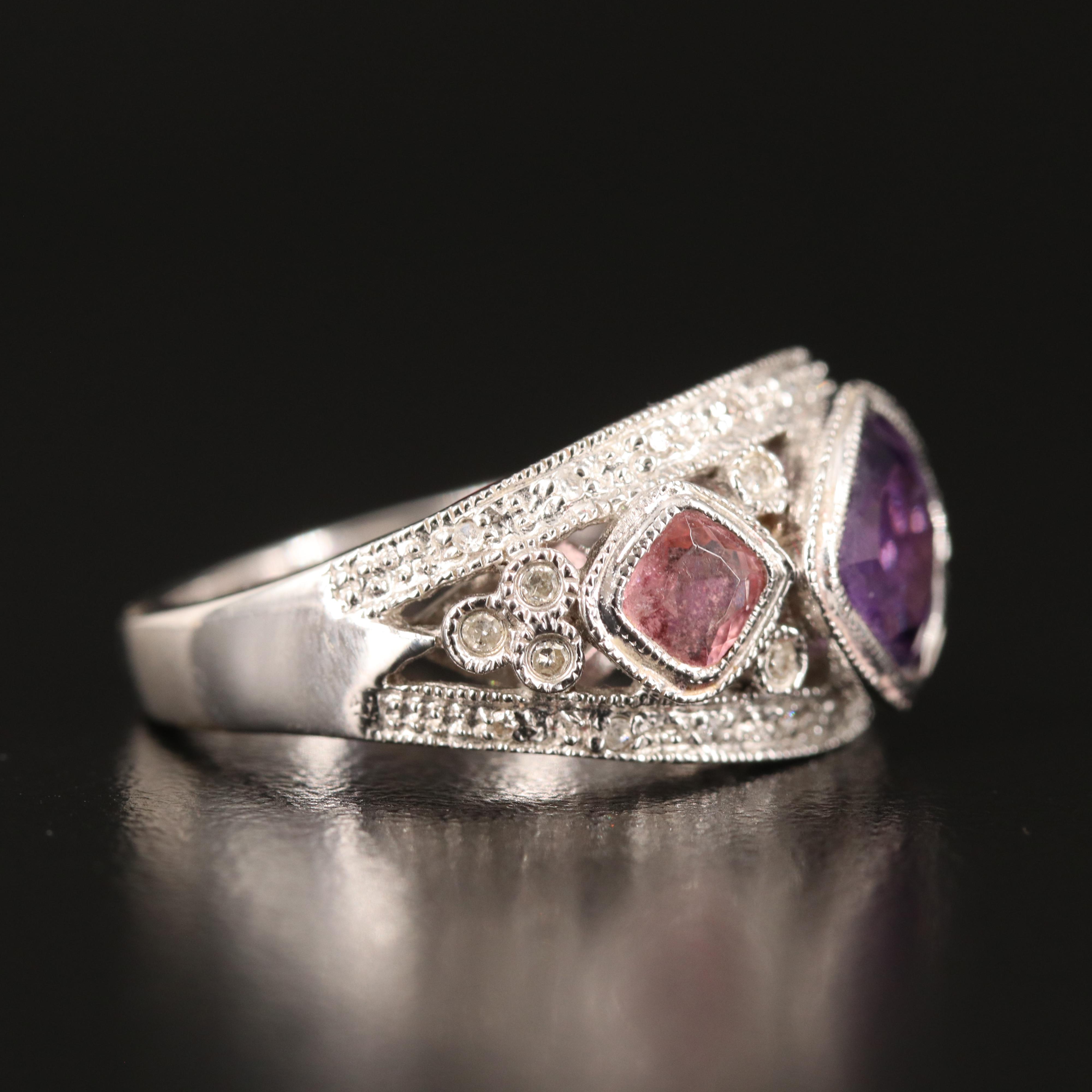 14K Amethyst, Tourmaline and Diamond Ring