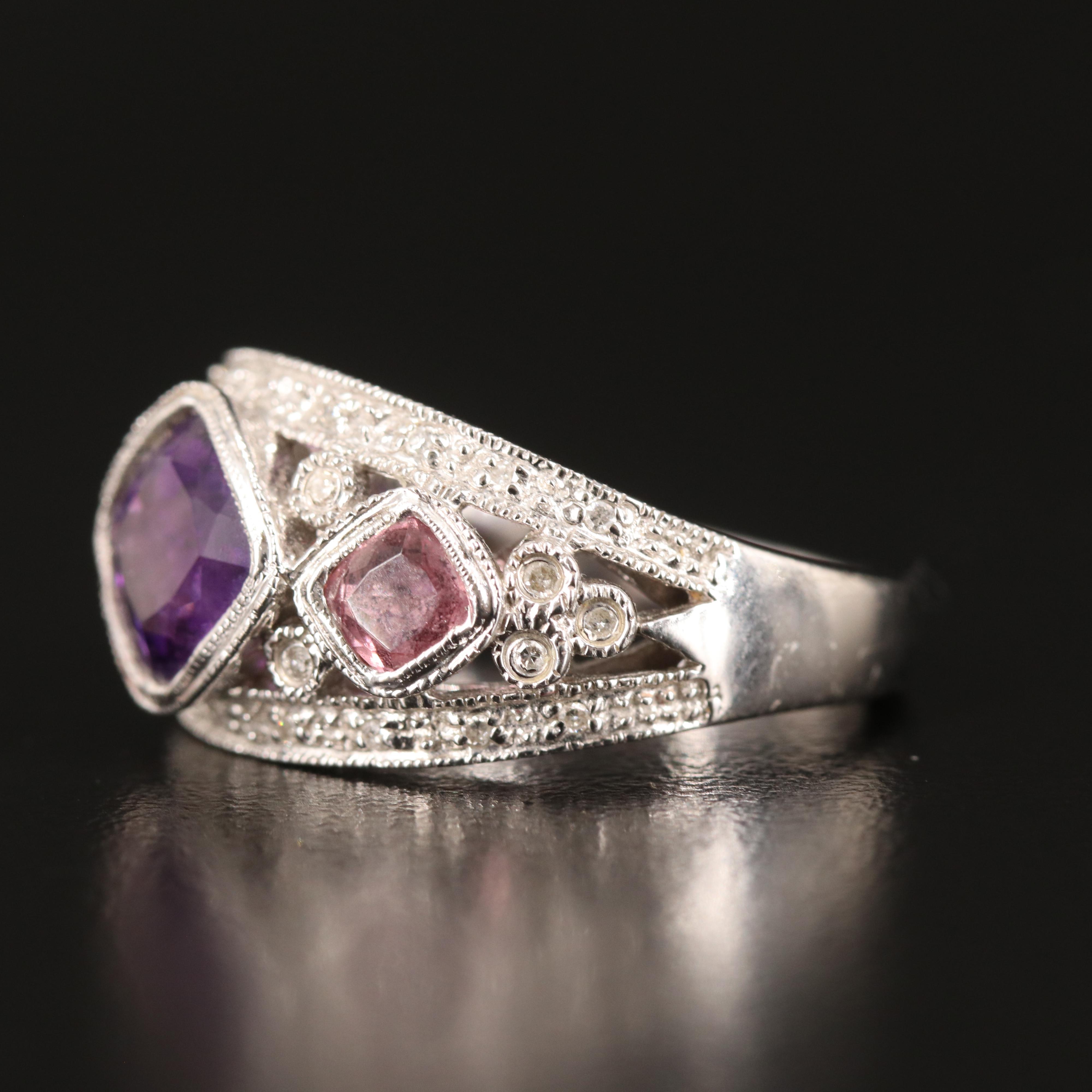 14K Amethyst, Tourmaline and Diamond Ring