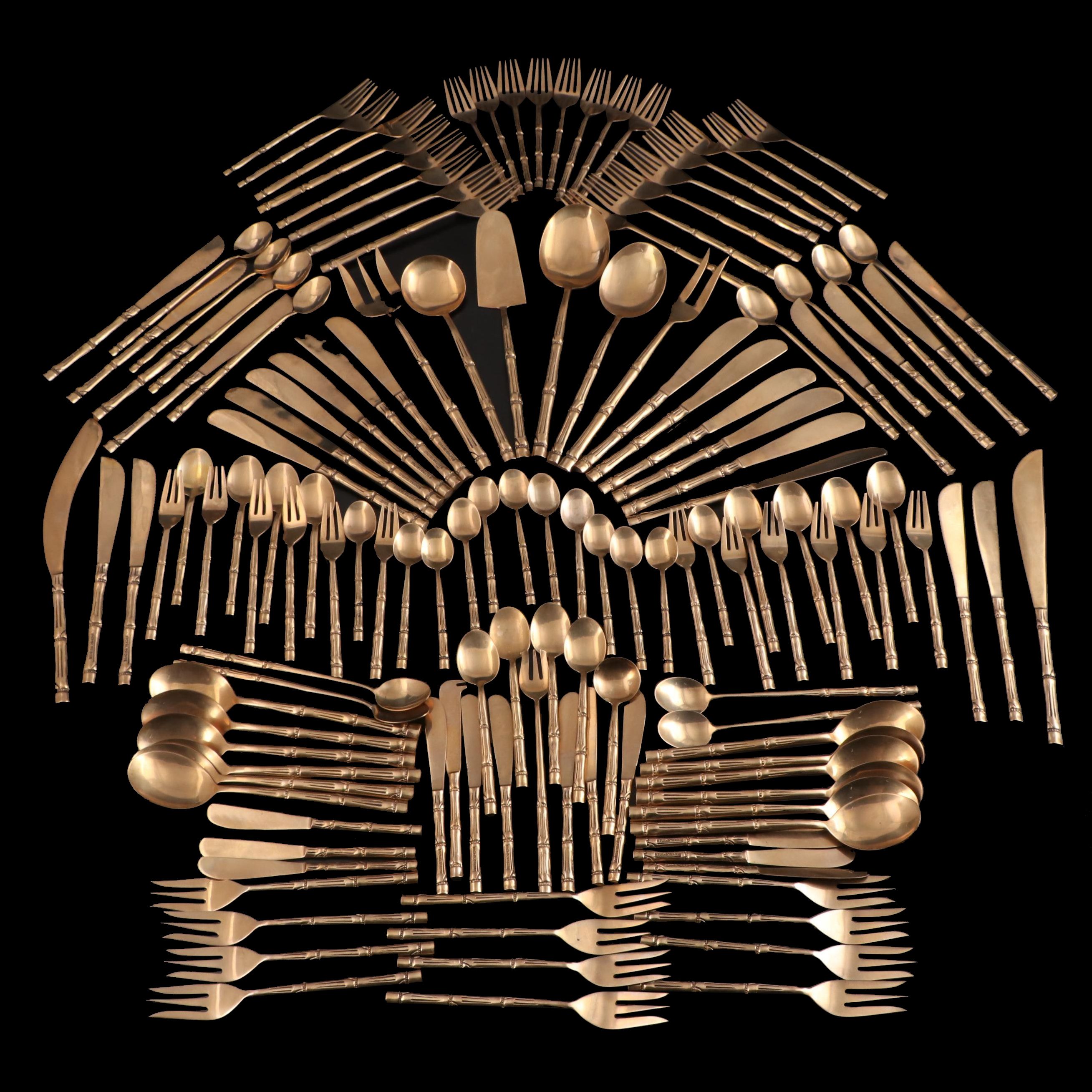 Nickel Bronze Flatware and Serveware With Bamboo Style Handles