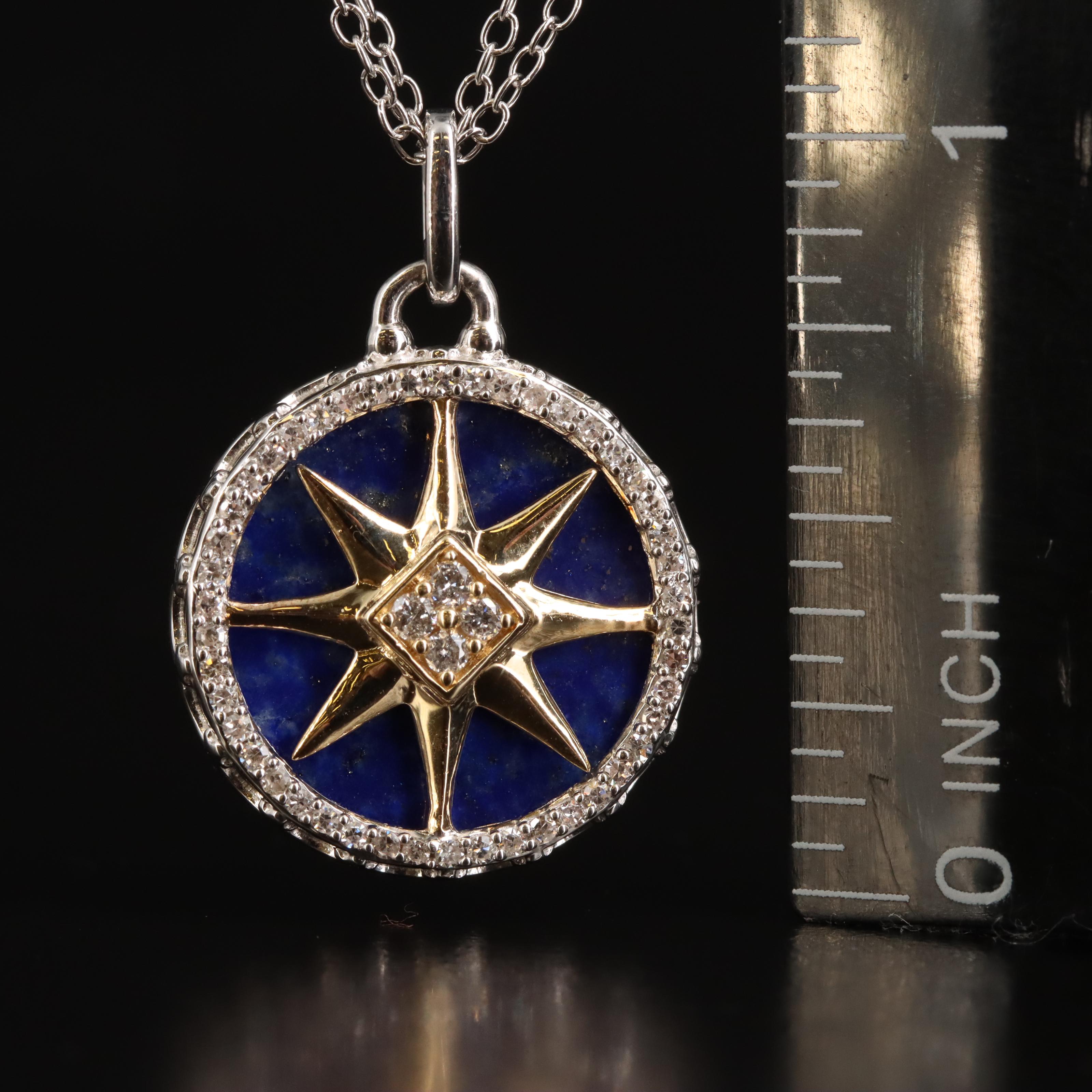 Sterling Lapis Lazuli and Diamond Medallion Pendant Necklace with 14K Accent