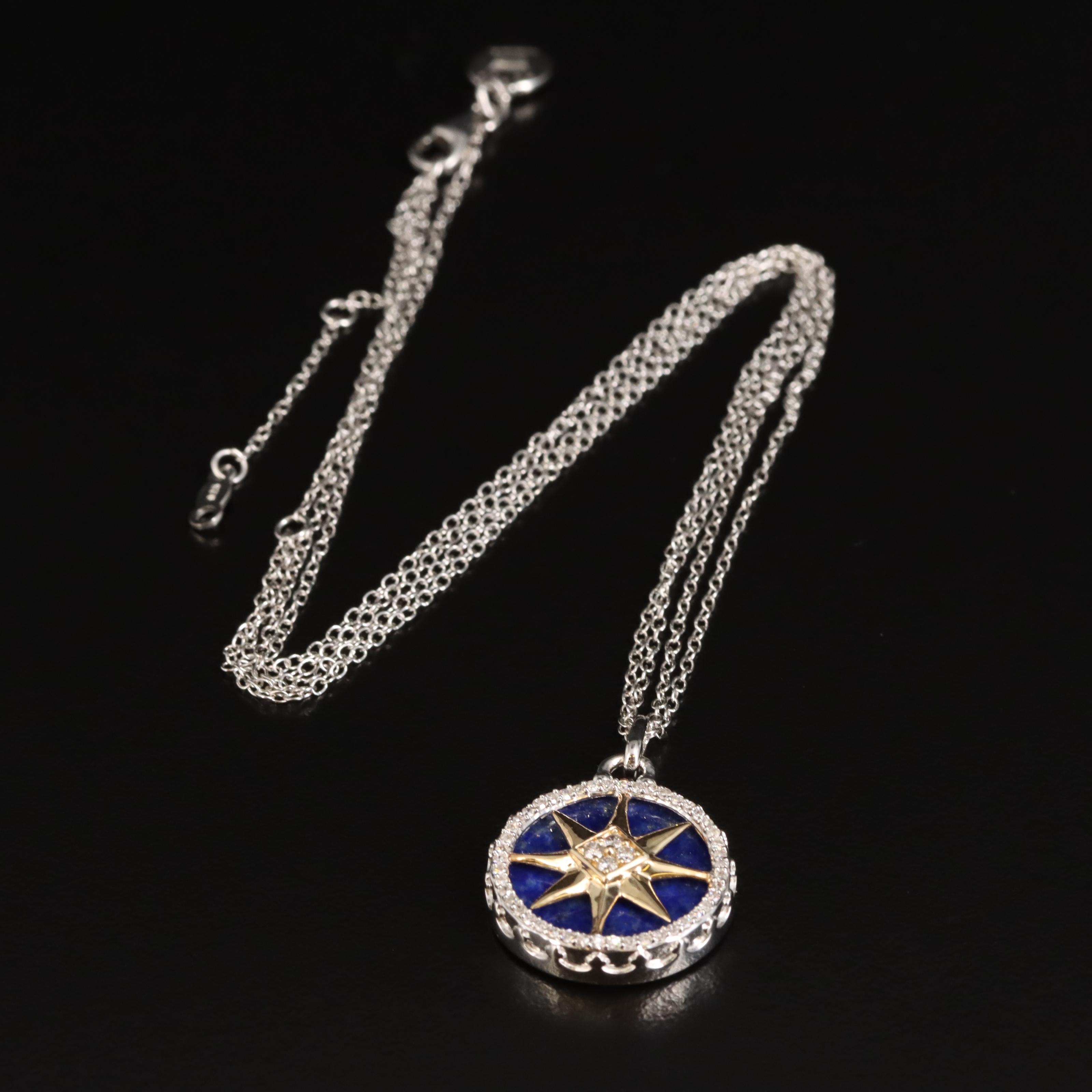 Sterling Lapis Lazuli and Diamond Medallion Pendant Necklace with 14K Accent