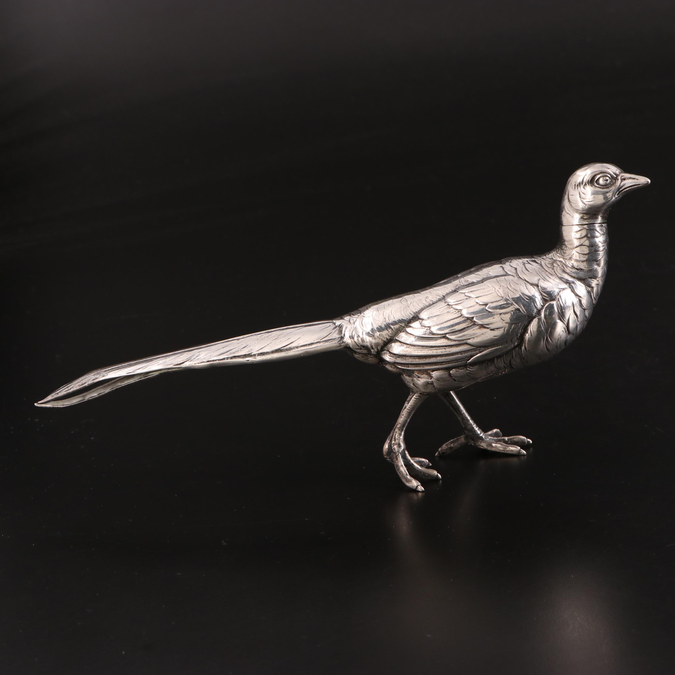 Pair of German 800 Silver Figural Pheasants, Early 20th Century
