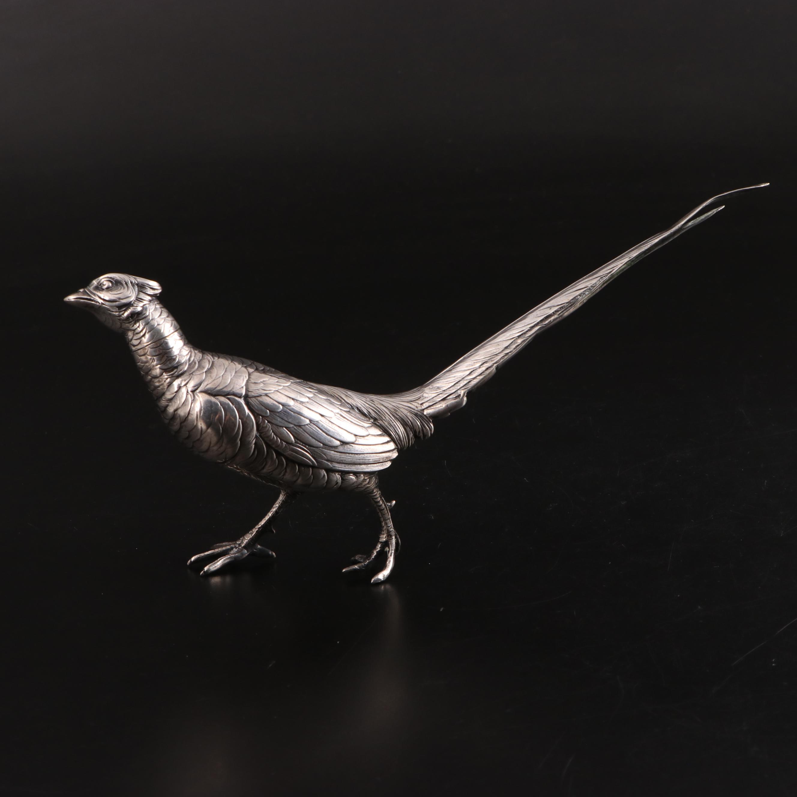 Pair of German 800 Silver Figural Pheasants, Early 20th Century