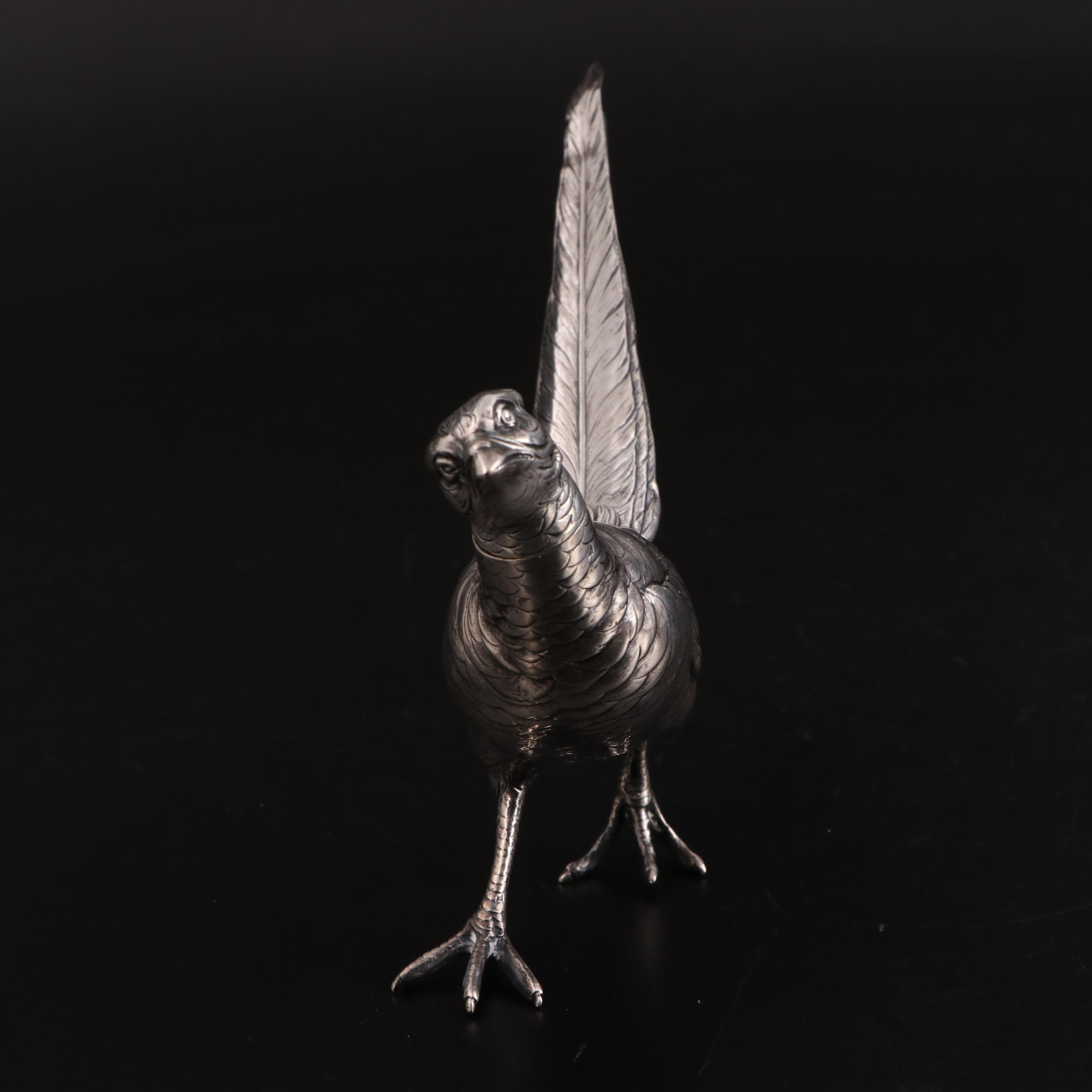 Pair of German 800 Silver Figural Pheasants, Early 20th Century