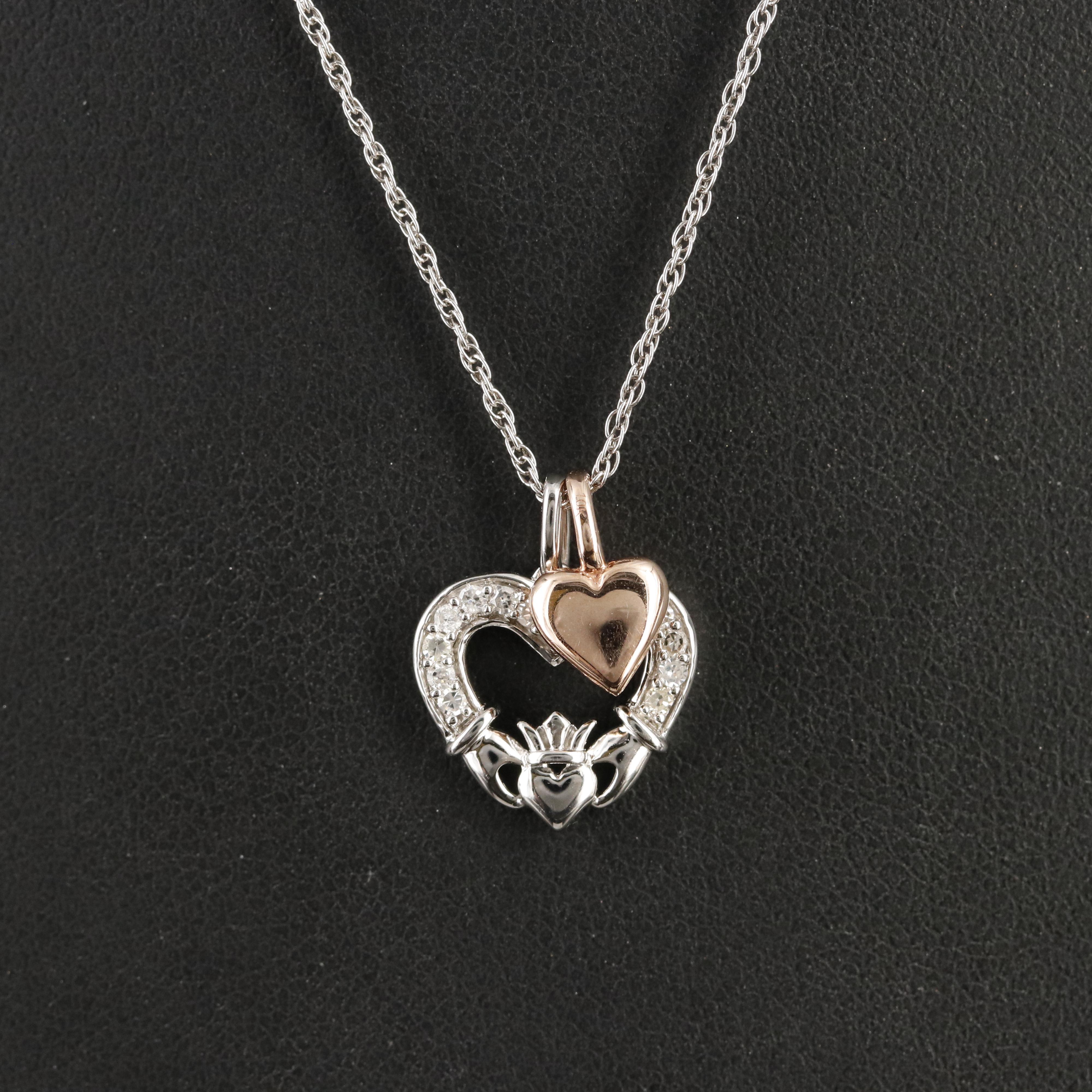 Sterling Diamond Claddagh and Heart Necklace with 10K Rose Gold Accent