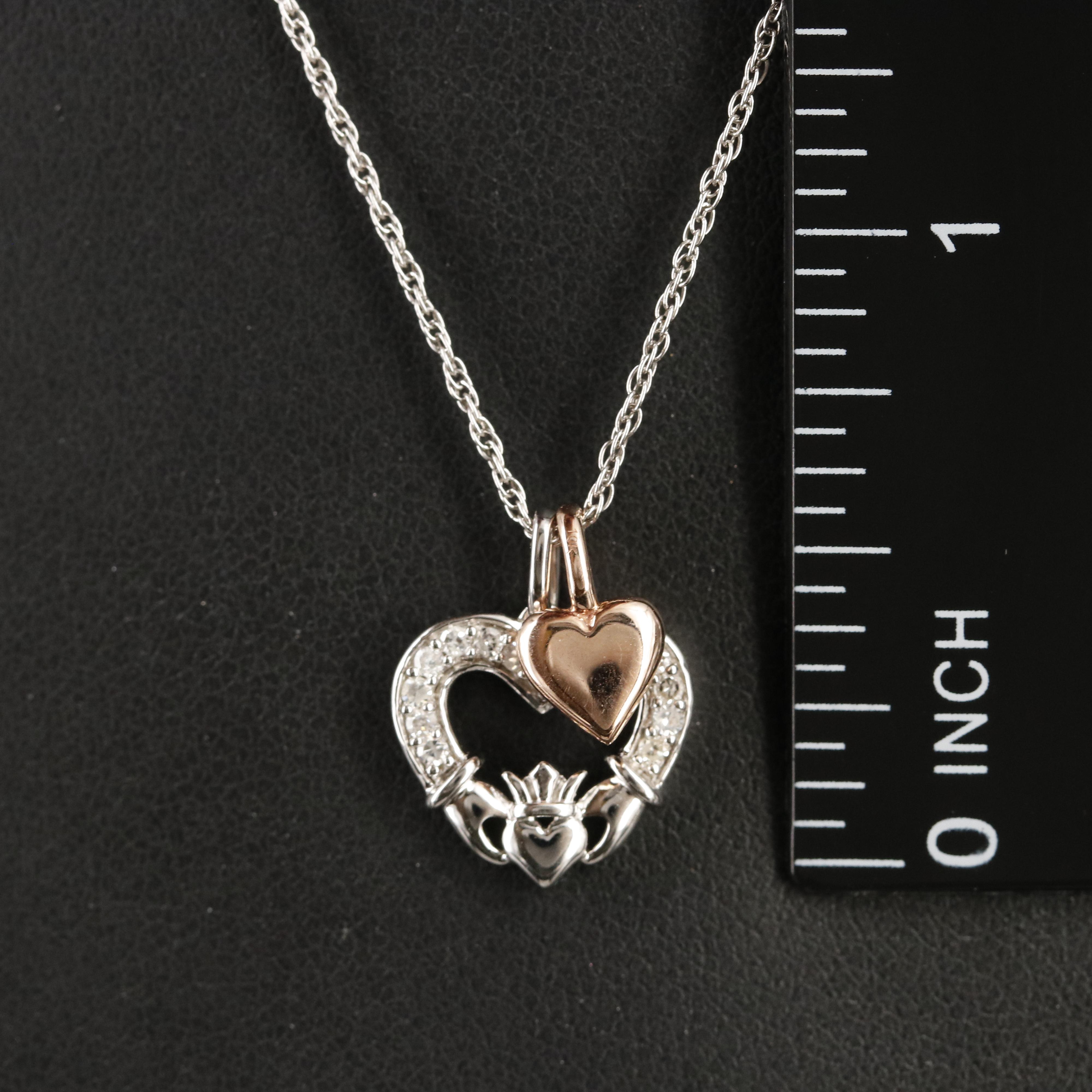 Sterling Diamond Claddagh and Heart Necklace with 10K Rose Gold Accent