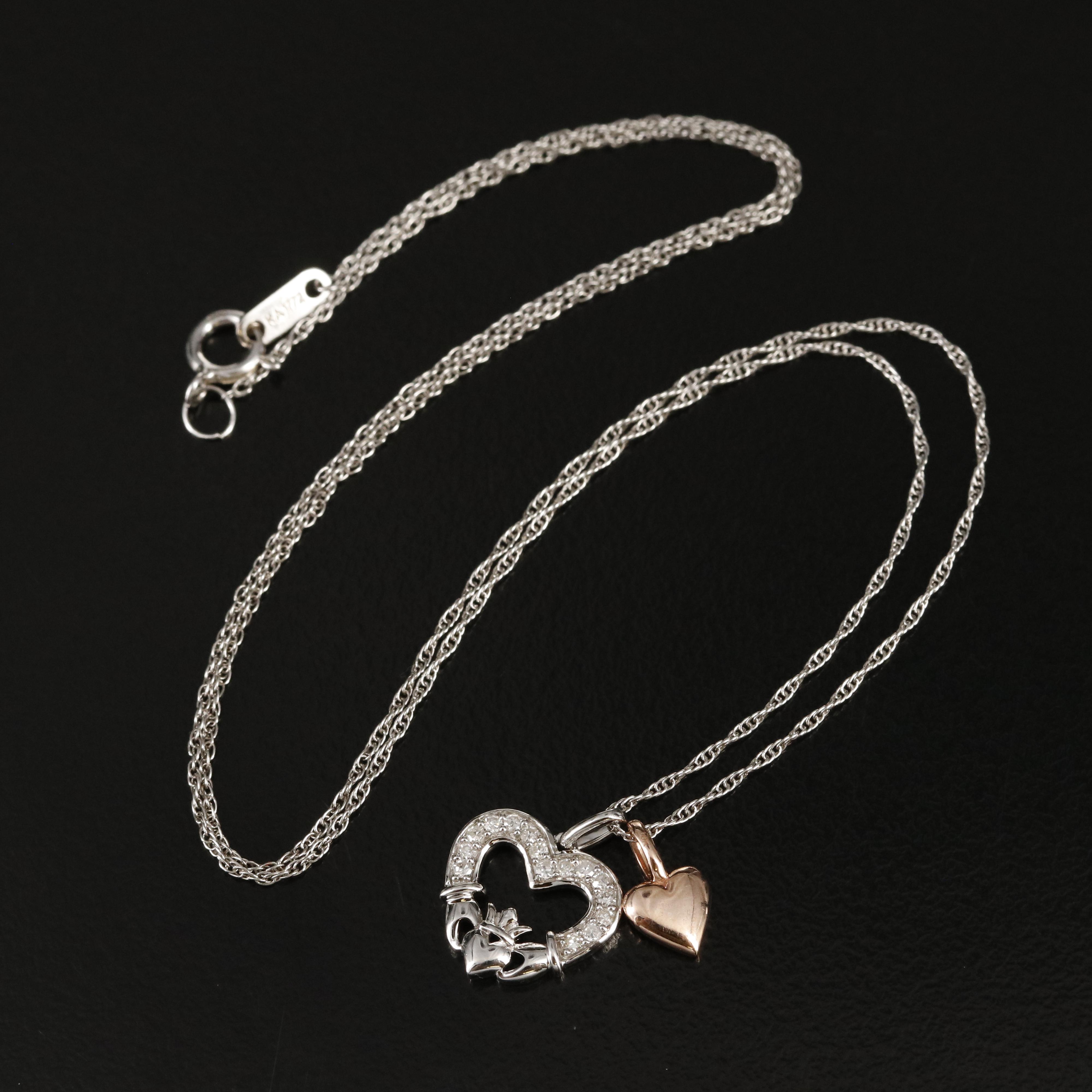 Sterling Diamond Claddagh and Heart Necklace with 10K Rose Gold Accent