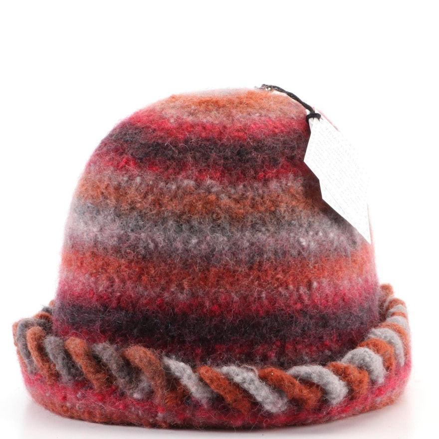 Hand-Knit and Felted Hat in Striped Wool