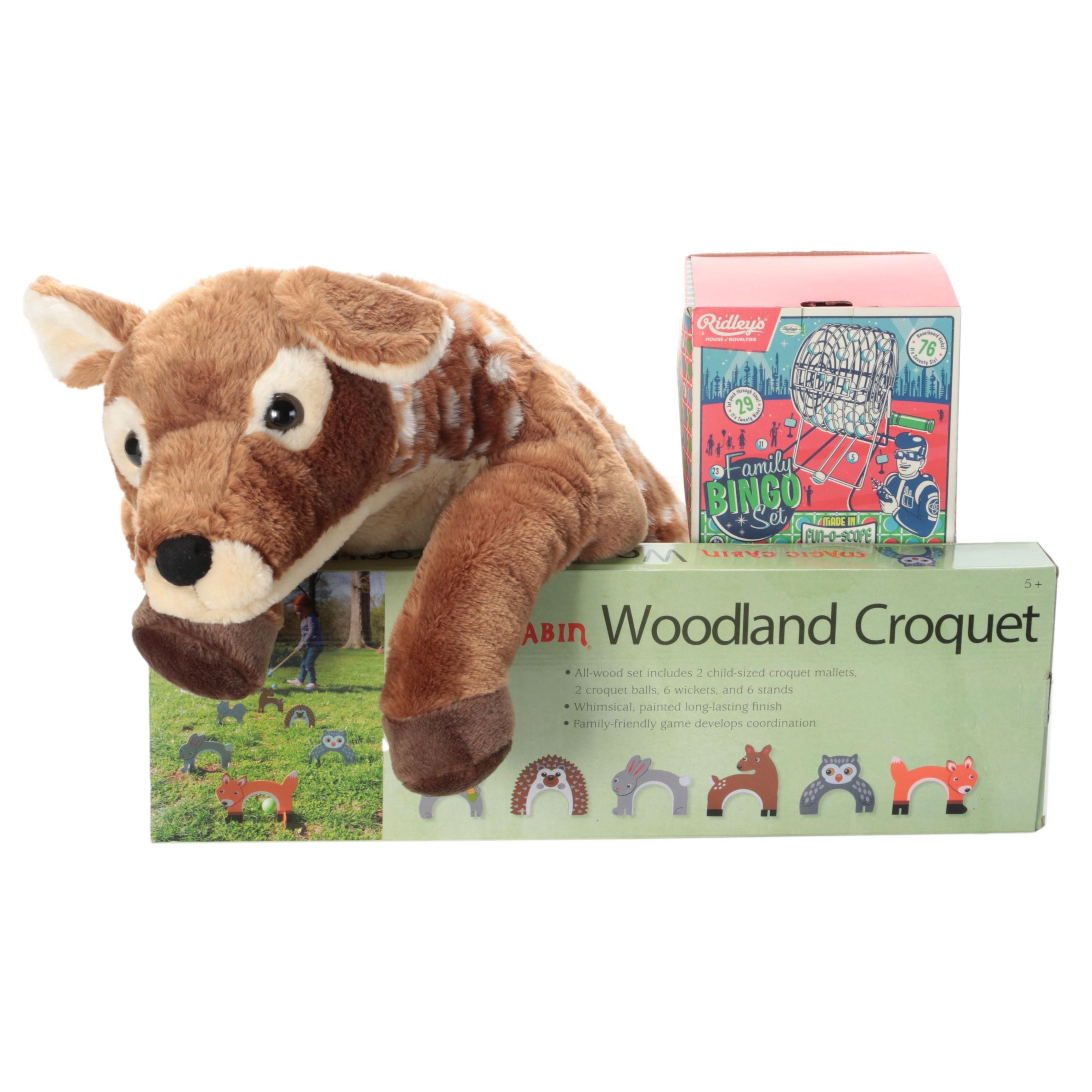 Plow and Hearth Plush Fawn with Magic Cabin Woodland Croquet and Bingo Set