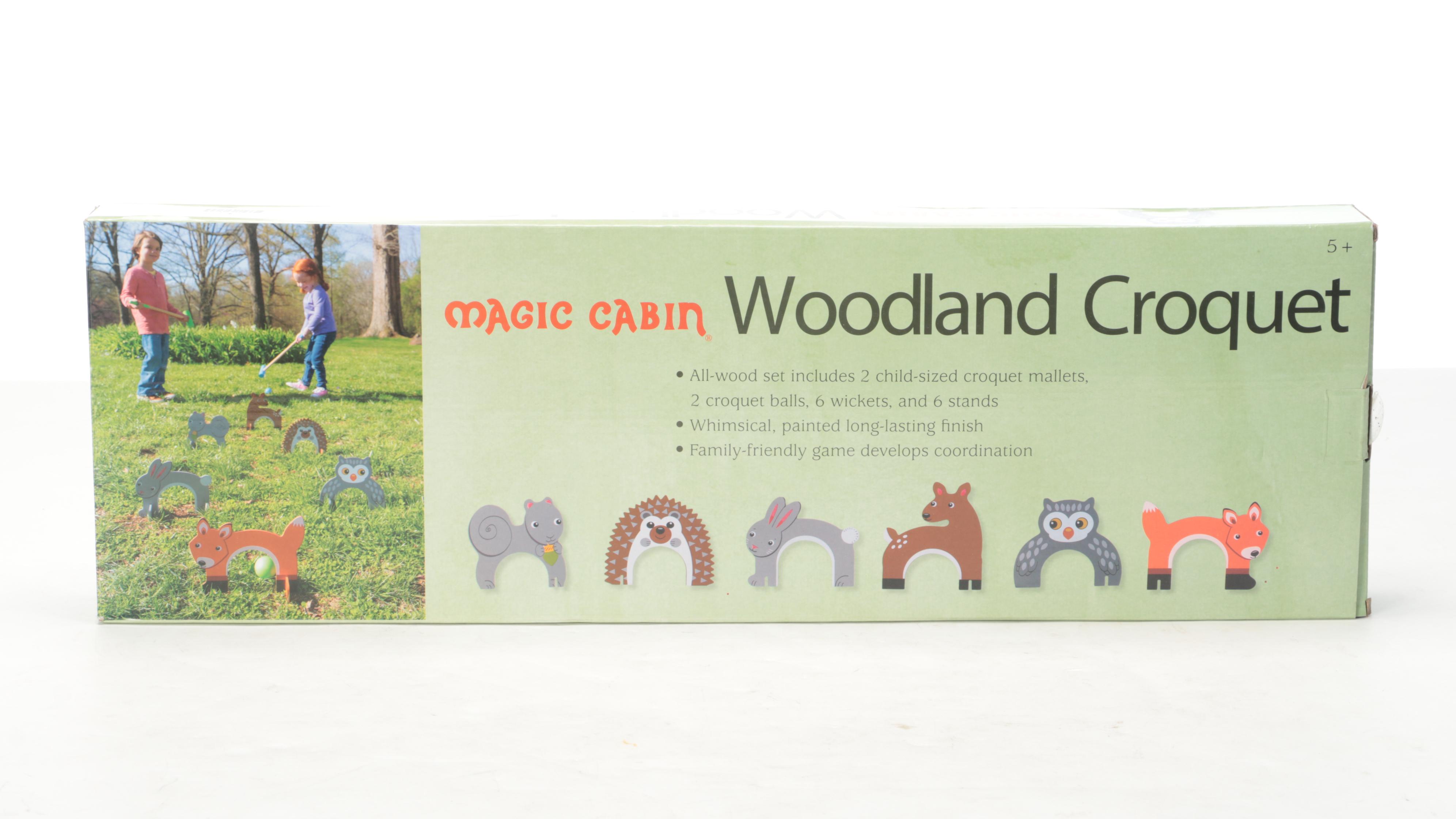 Plow and Hearth Plush Fawn with Magic Cabin Woodland Croquet and Bingo Set